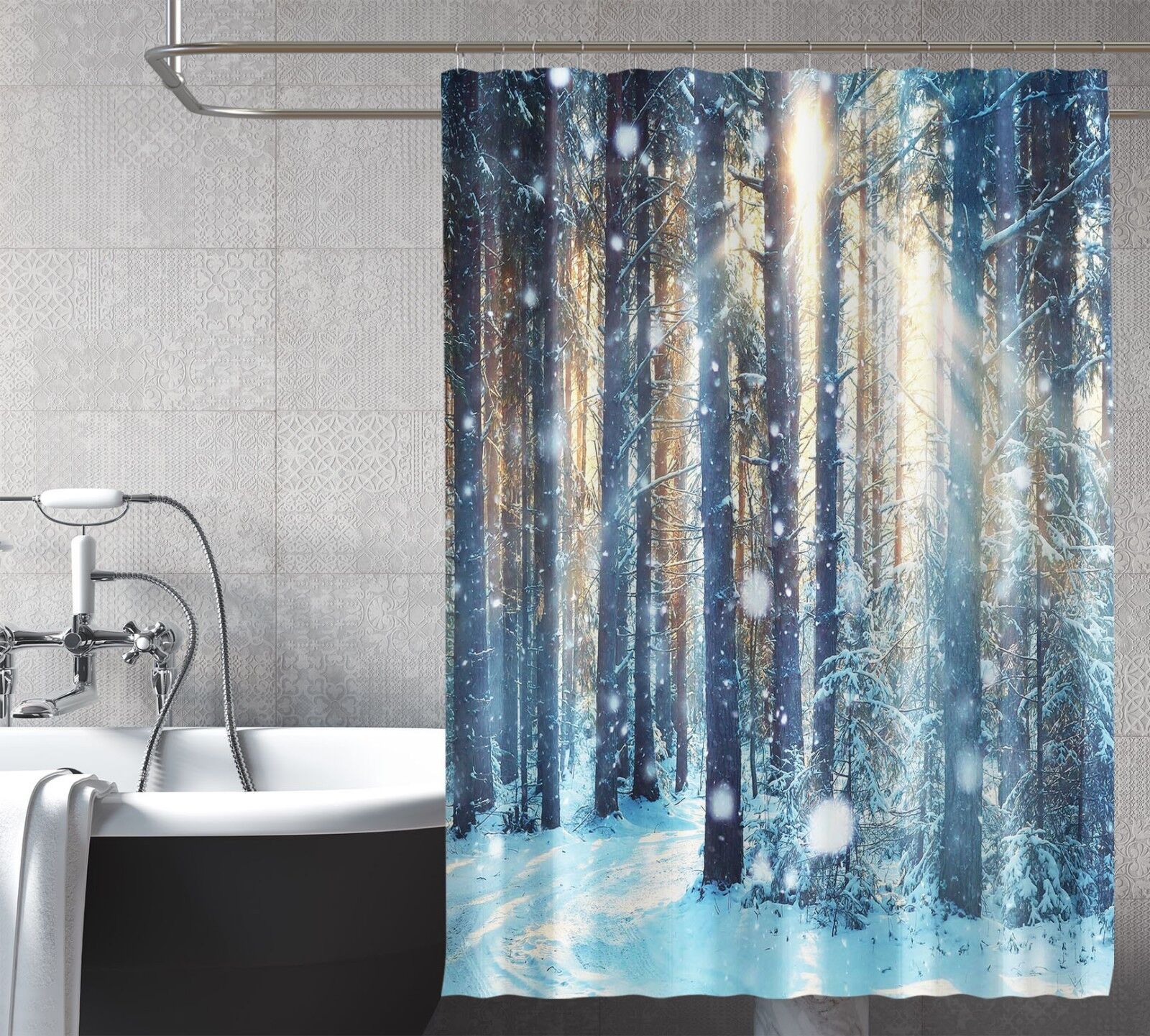 3D Sun Snow Forest Shower Curtain Waterproof Fiber Bathroom Home Decor
