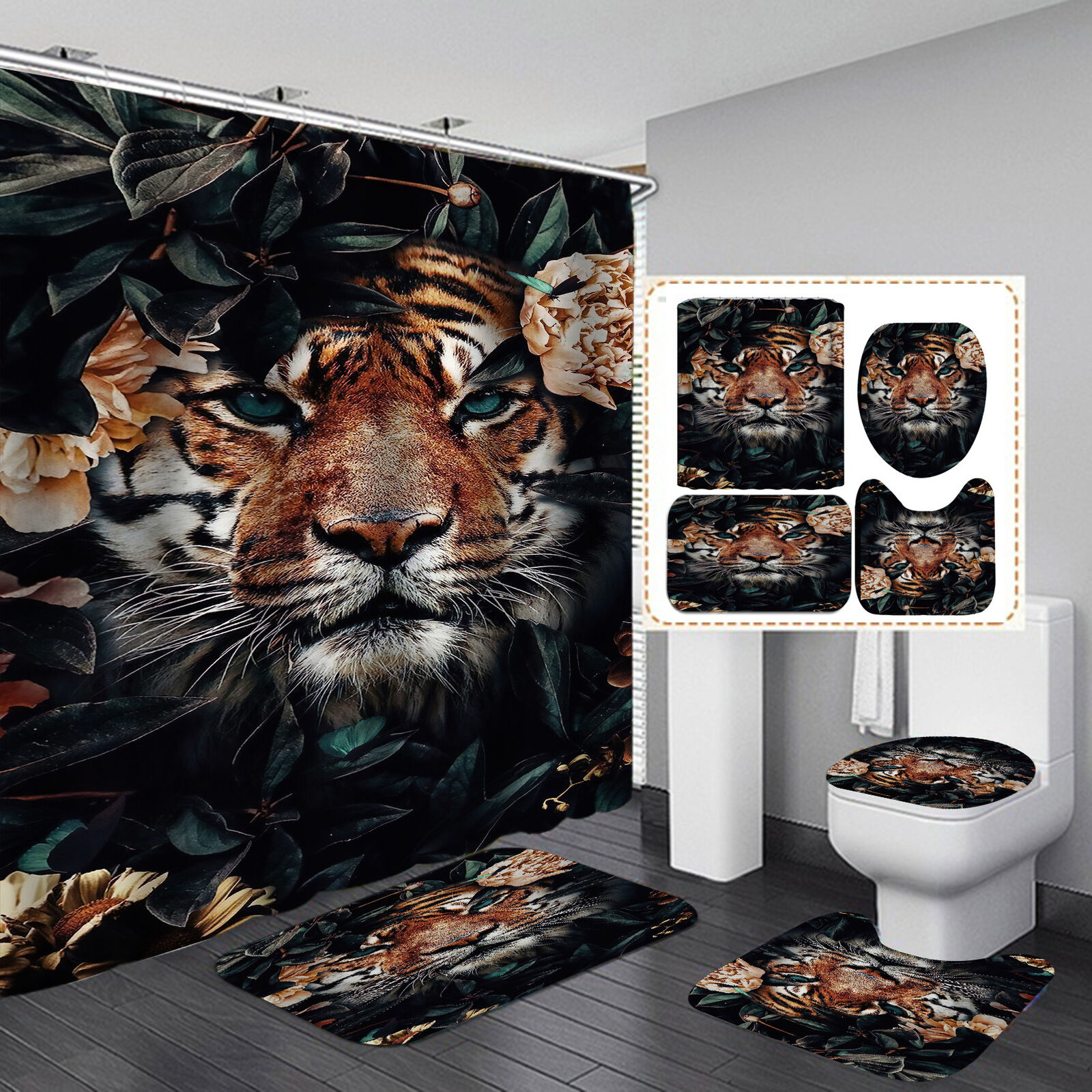 3D Tiger Flowers Animal Print Bathroom Shower Curtain Home Decor