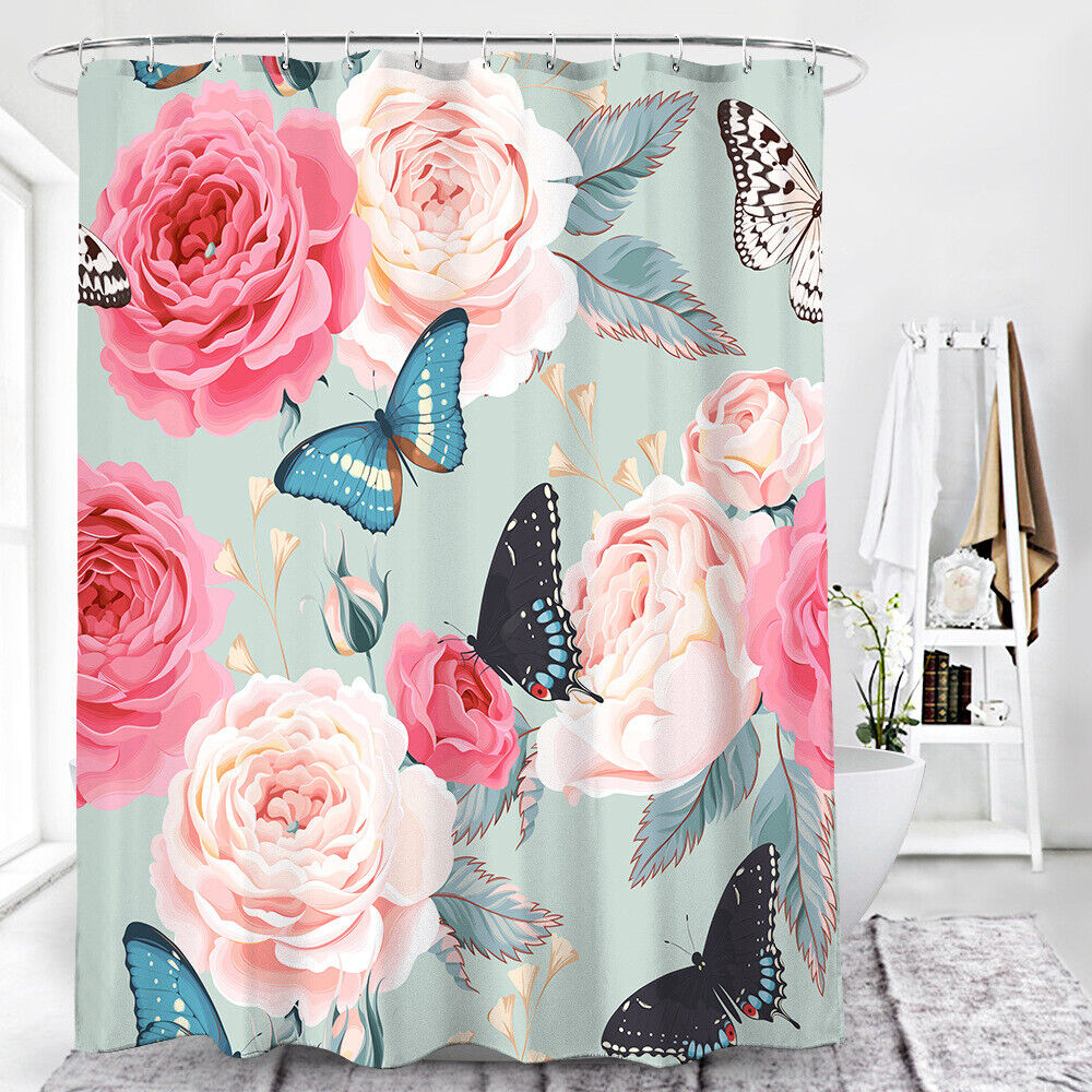Romantically Floral 3D Rose Floral Flower Butterfly Print Bathroom Shower Curtain For Bathroom Decor