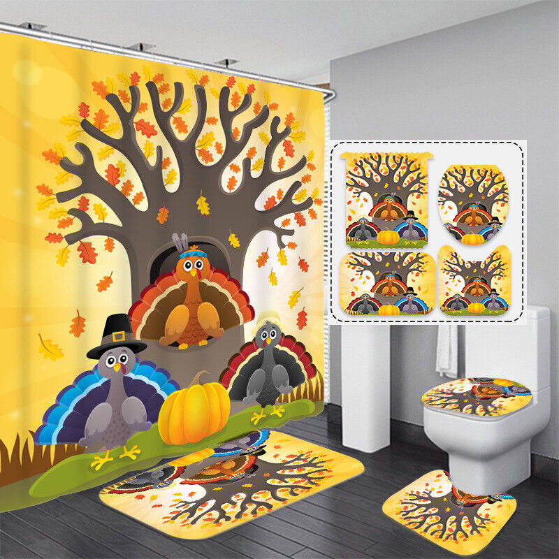 Gobble Till You Wobble 3D Pumpkin Turkey Thanksgiving Shower Curtain For Bathroom Decor