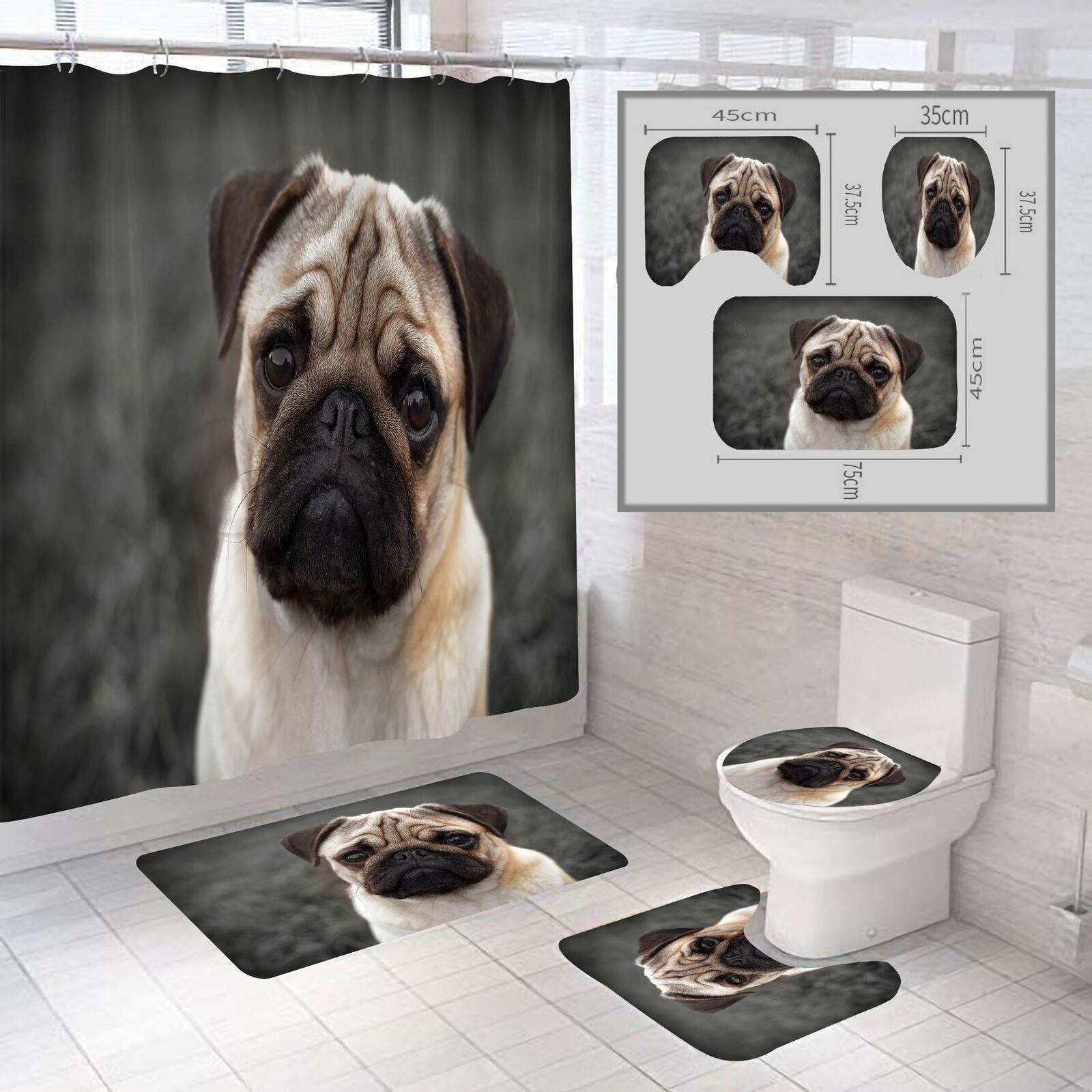 Precious Pugs 3D Pet Pug Dog Puppy Print Shower Curtain For Bathroom Decor