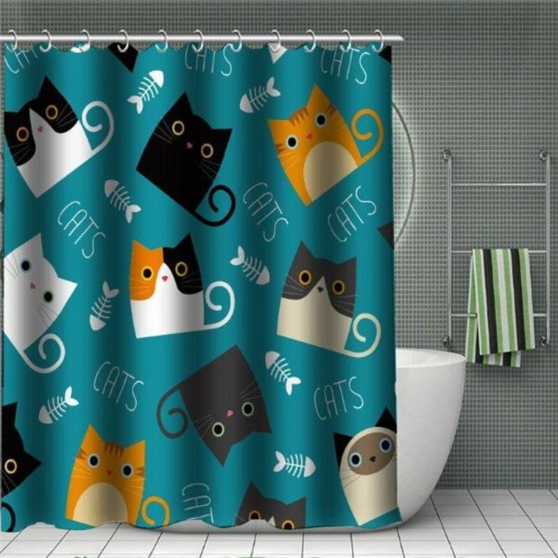 Cat Shower Curtain With Hooks Green Waterproof Polyester Bathroom Decor