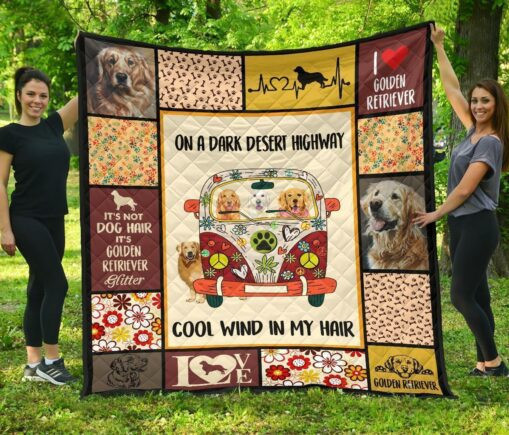 On A Darkert Hippie Van Golden Retriever Fleece Blanket Quilt Blanket