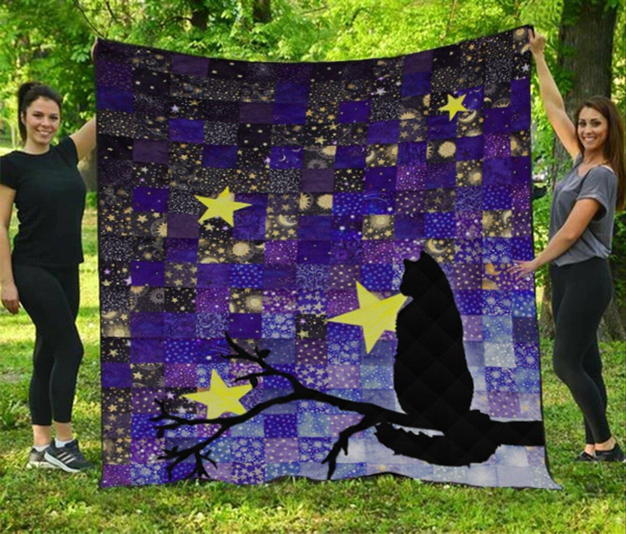 Black Cat In Night Quilt Blanket Quilt
