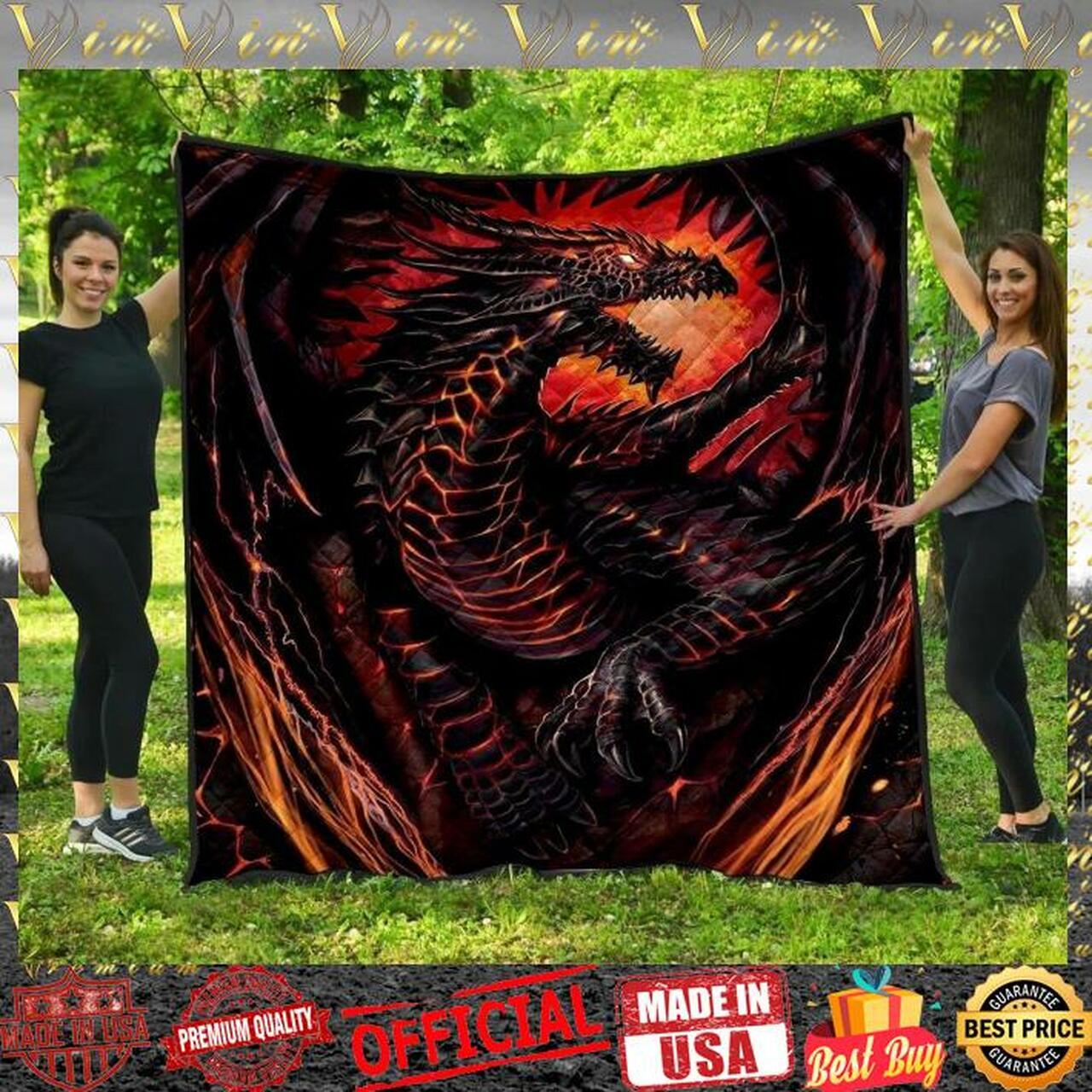 Red And Black Fire Dragon Quilt Blanket