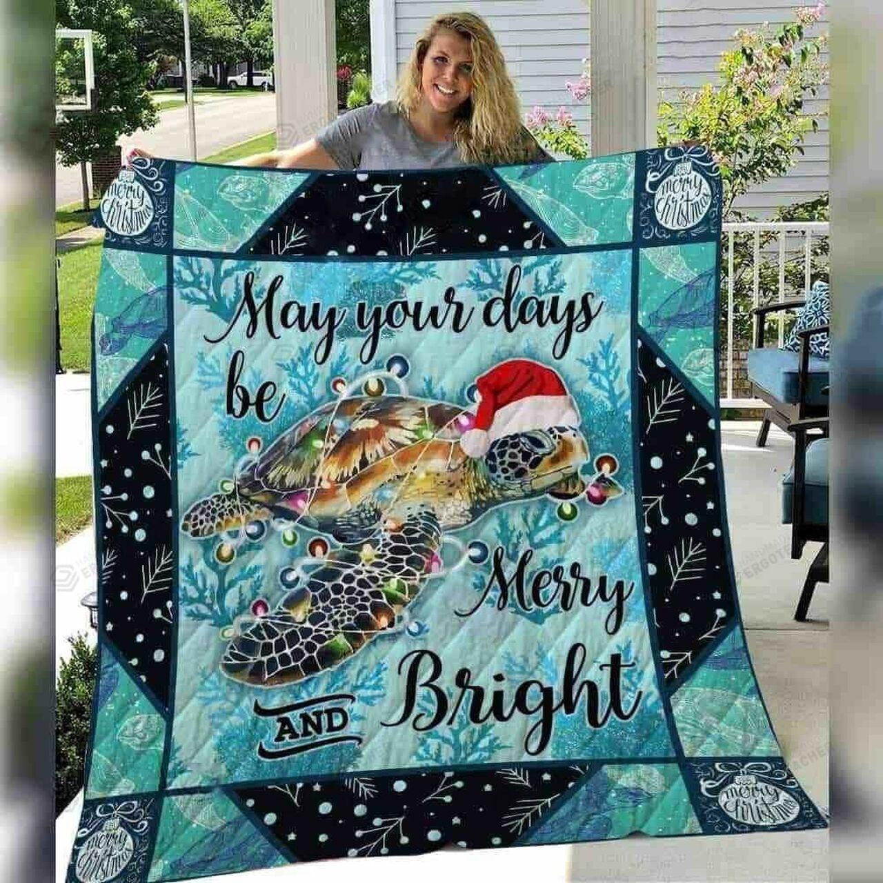 Sea Turtle C May Your Day Be Merry And Bright Quilt Blanket Greattomized Blanket G For Birthday C Thgiving