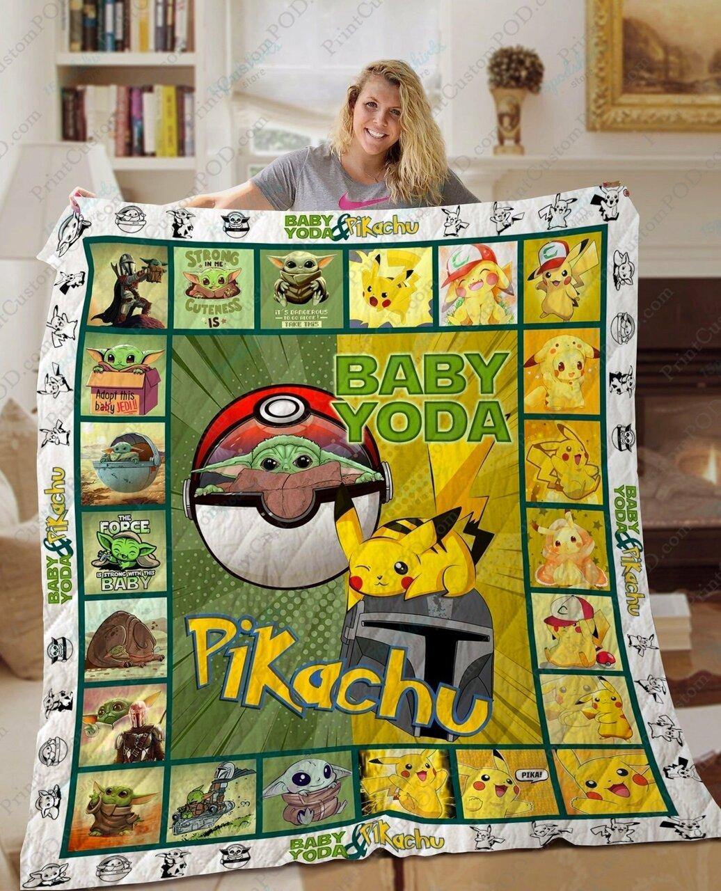 Ta Baby Yoda Pikachu Quilt Blanket