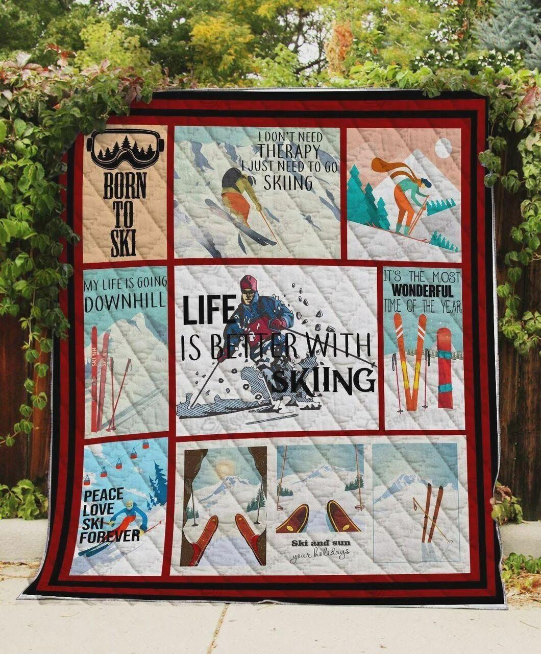 Skiing Thet Wonderful Time Of The Year Quilt Blanket Greattomized Blanket G For Birthday C Thgiving