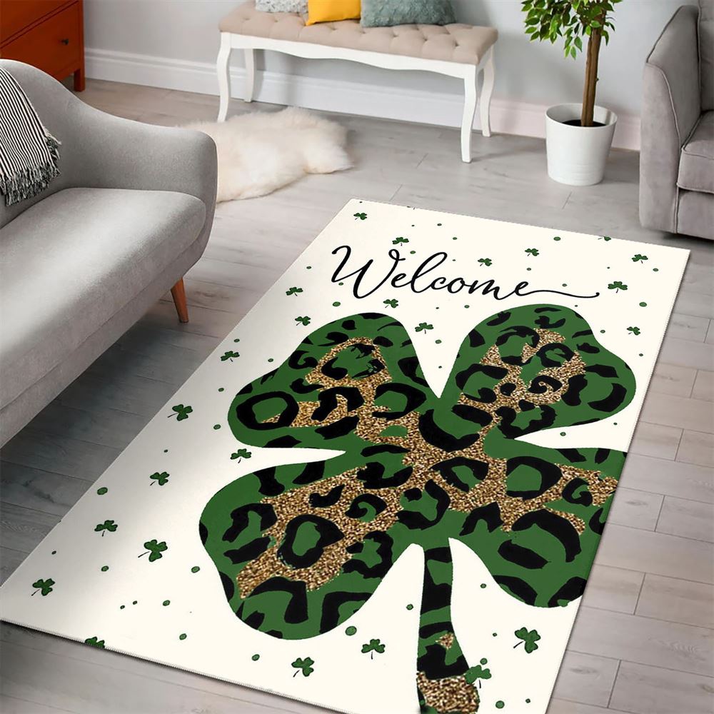 St Patricks Day Rug, Welcome St PatrickS Day Leopard Shamrock Clover Rug