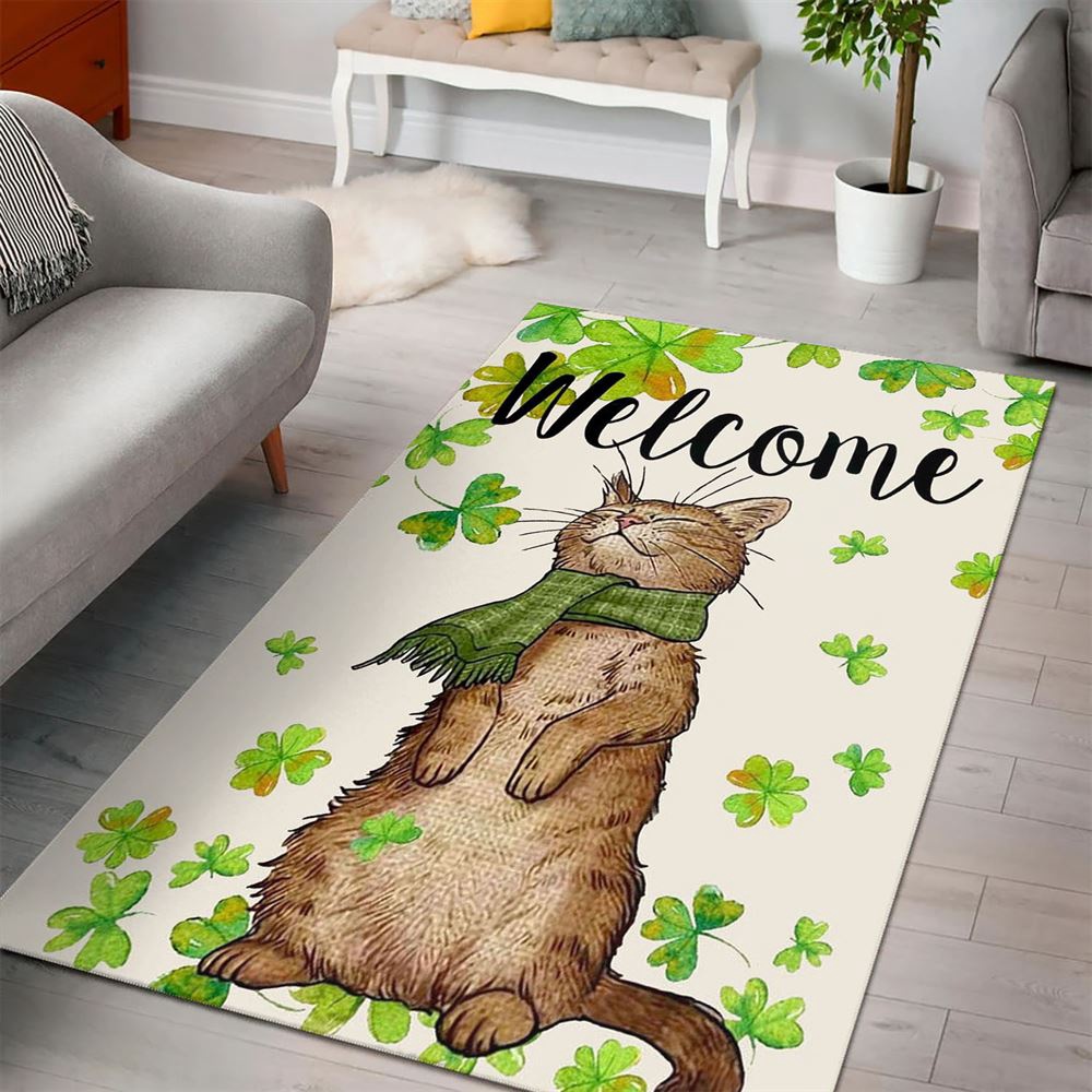 St Patricks Day Rug, St Patricks Day Welcome Cat And Shamrock Clover Rug