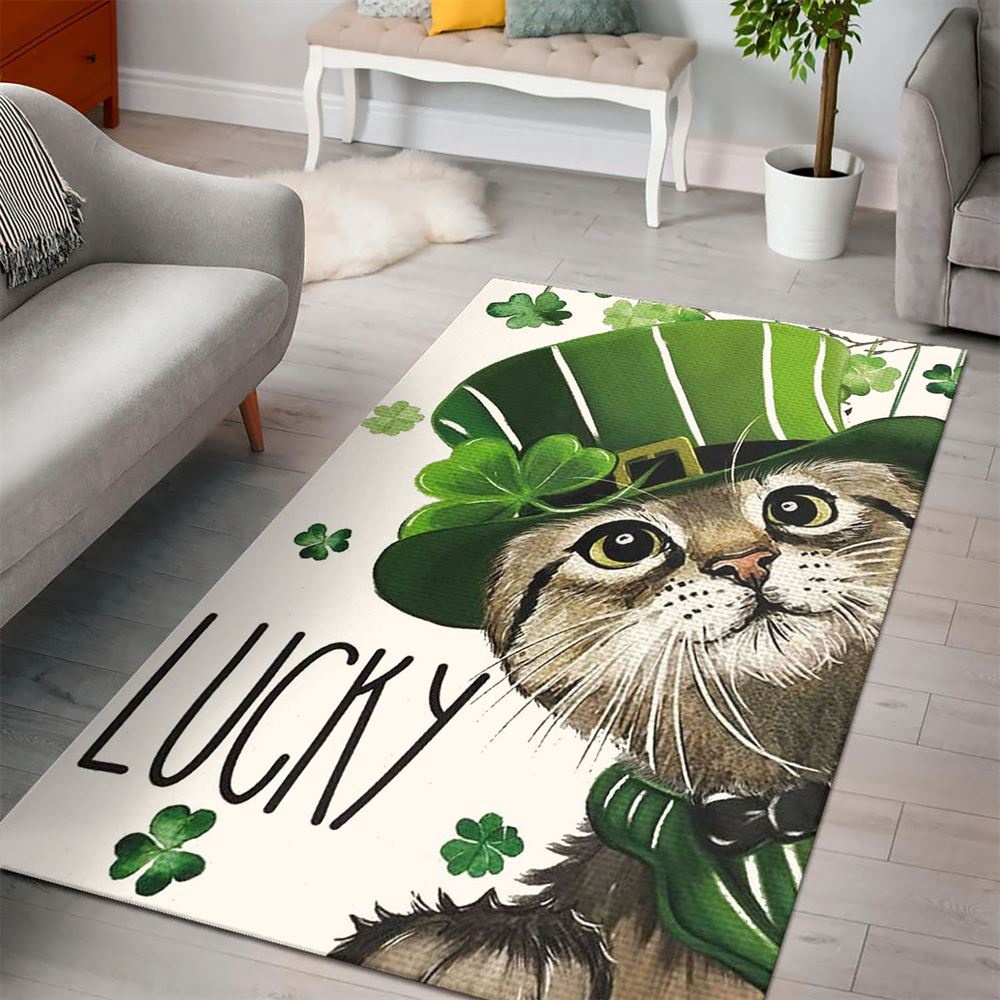 St Patricks Day Rug, St Patricks Day Lucky Cat And Shamrock Clover Rug