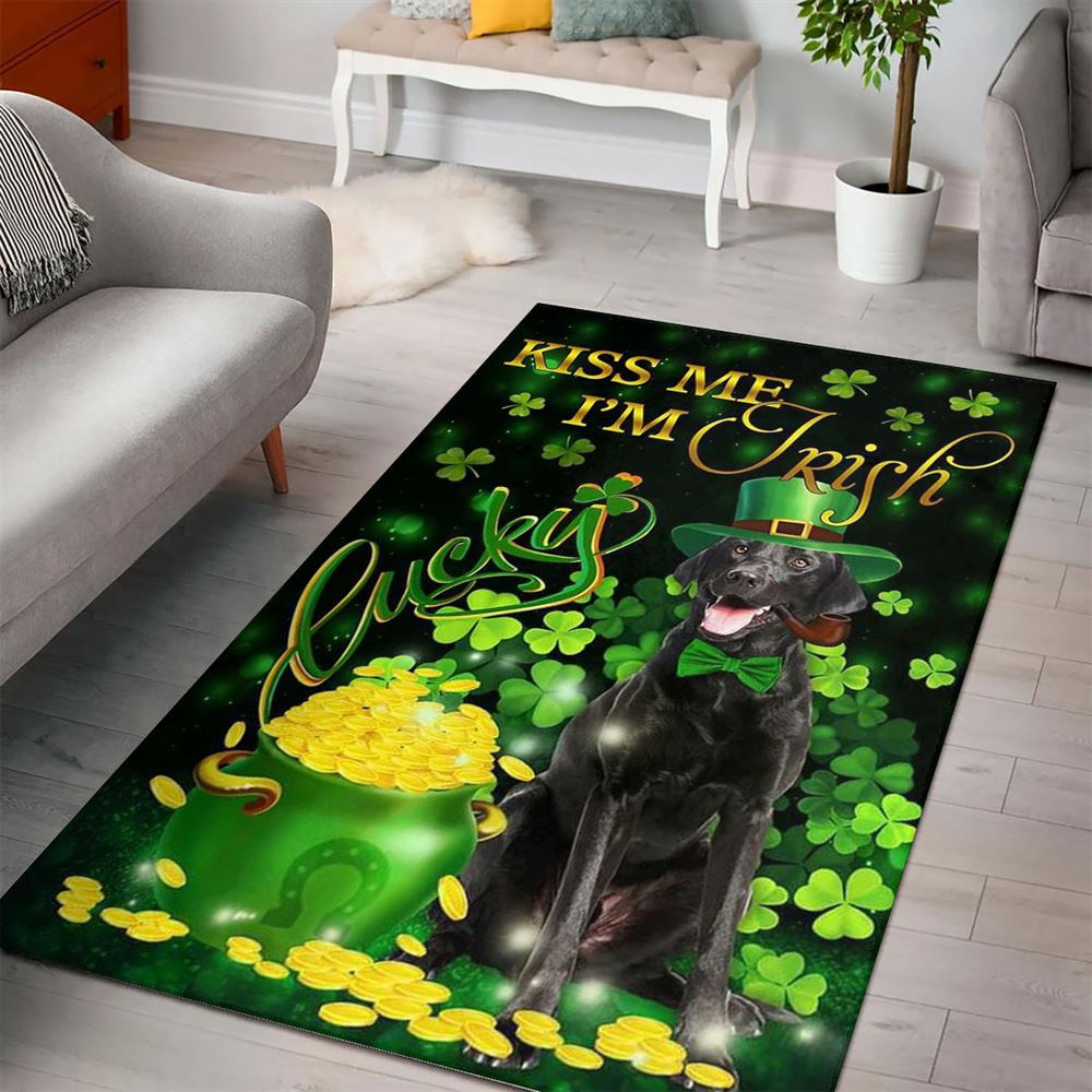 St Patricks Day Rug, St Patricks Day Black Labrador Kiss Me IM Irish Rug