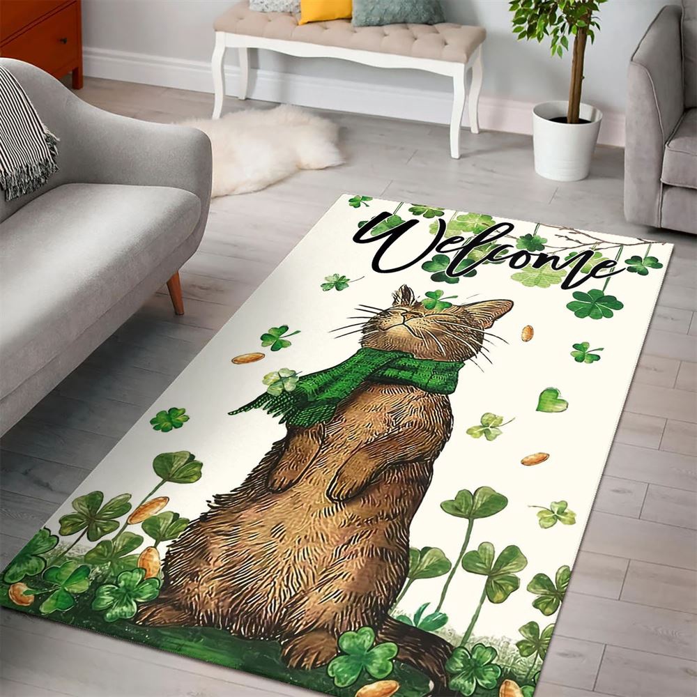 St Patricks Day Rug, St PatrickS Day Welcome Cat And Shamrock Clover Rug