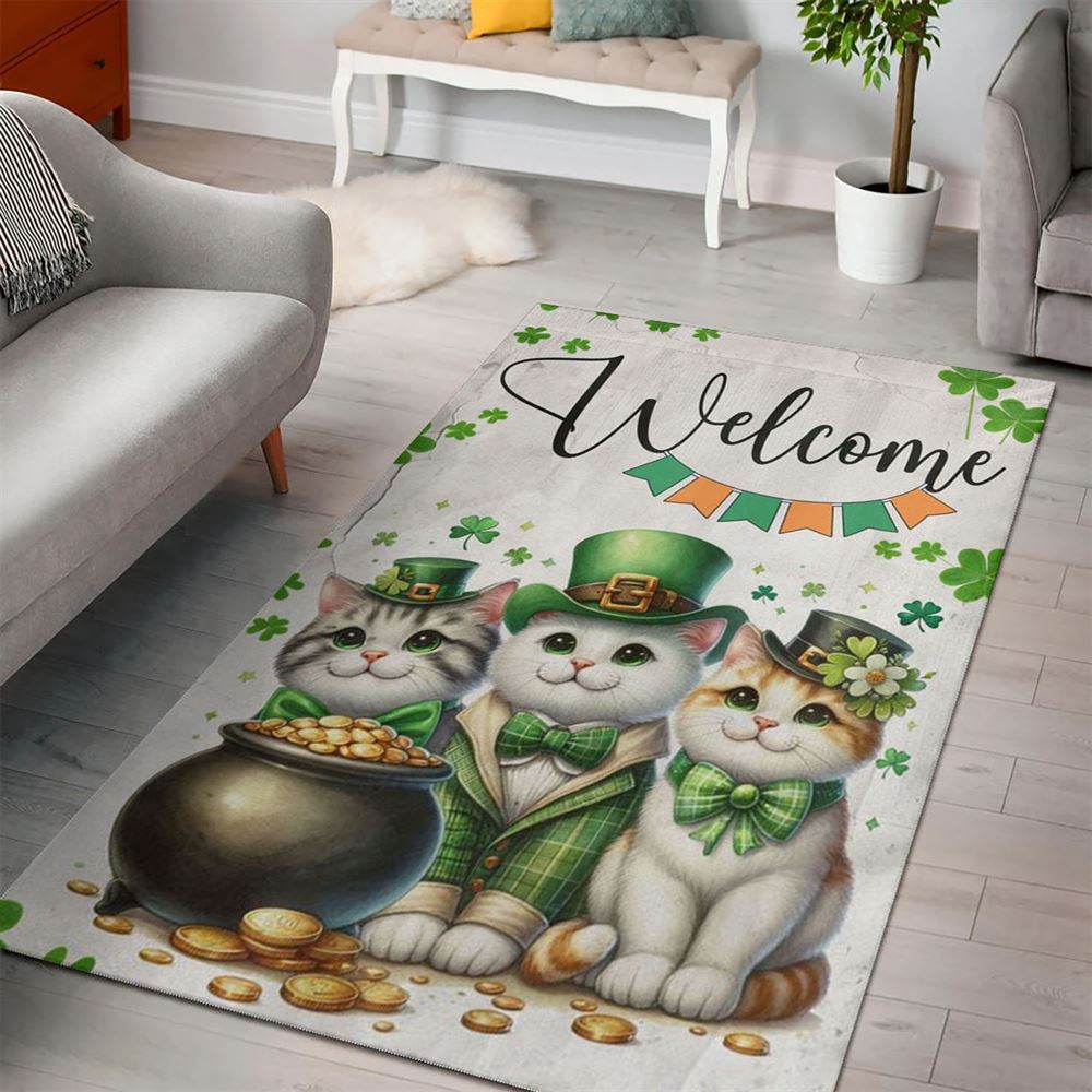 St Patricks Day Rug, St PatrickS Day Cat Rugs, Welcome Cat Clovers