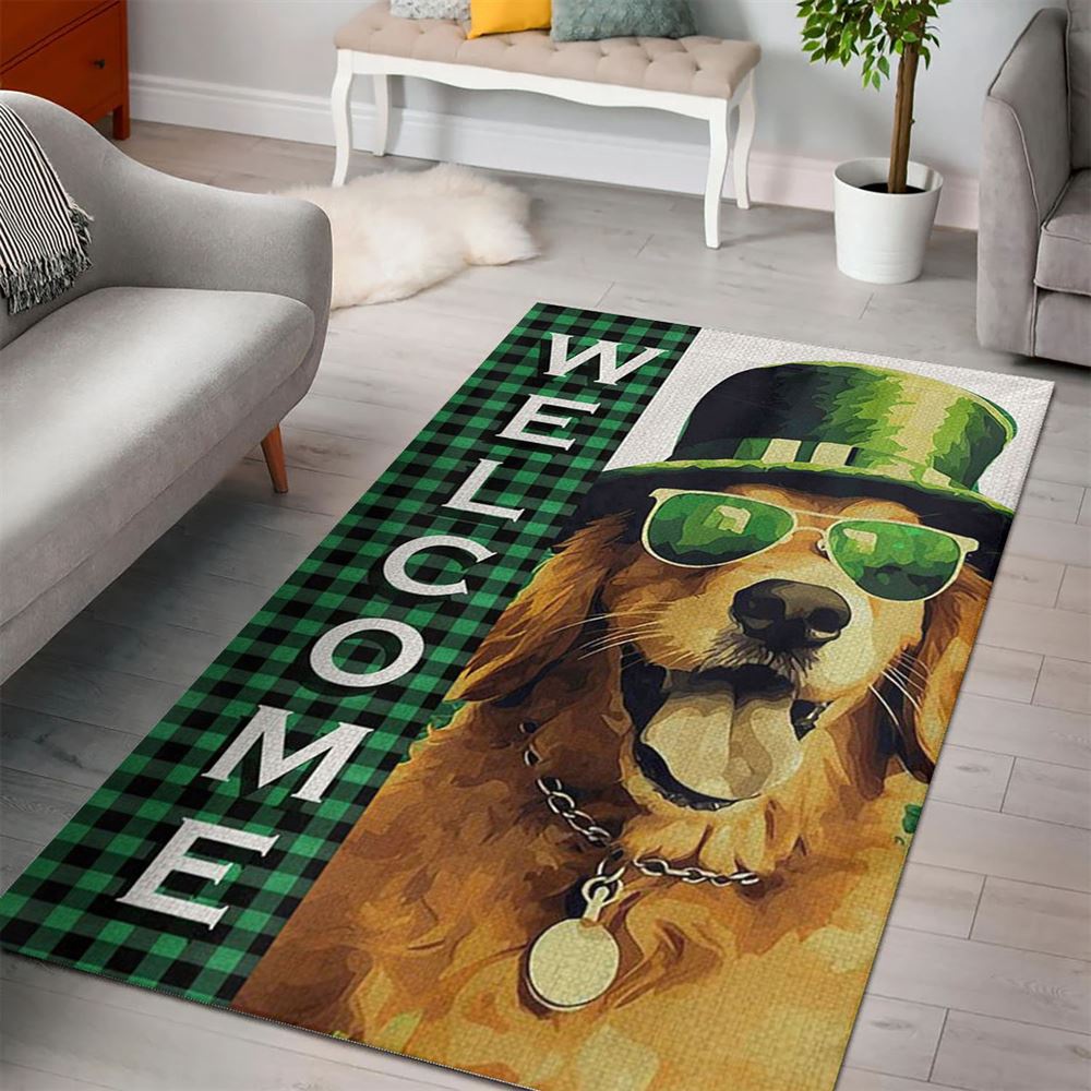 St Patricks Day Rug, St PatrickS Day Golden Retriever Rugs, St PatrickS Day Dog Clover Rug