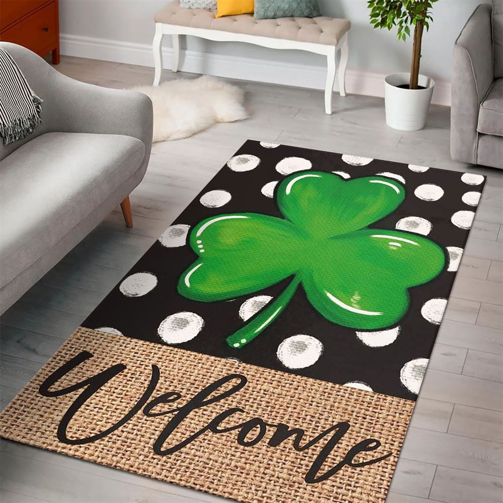 St Patricks Day Rug, Polka Dot Welcome St Patricks Day Shamrock Clover Rug