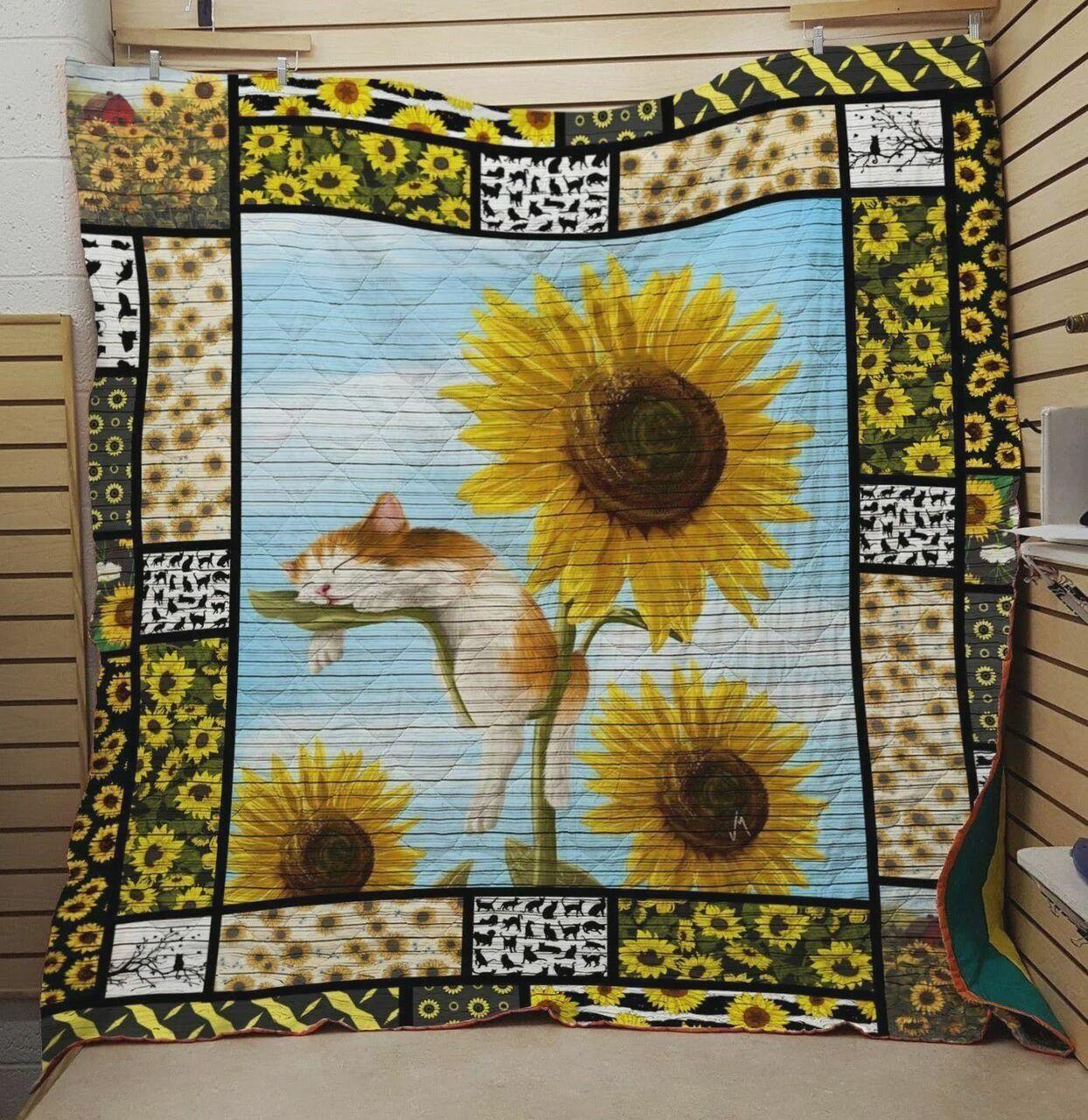 Sleep Cat On Tunflower Quilt Blanket Greattomized Blanket G For Birthday C Thgiving