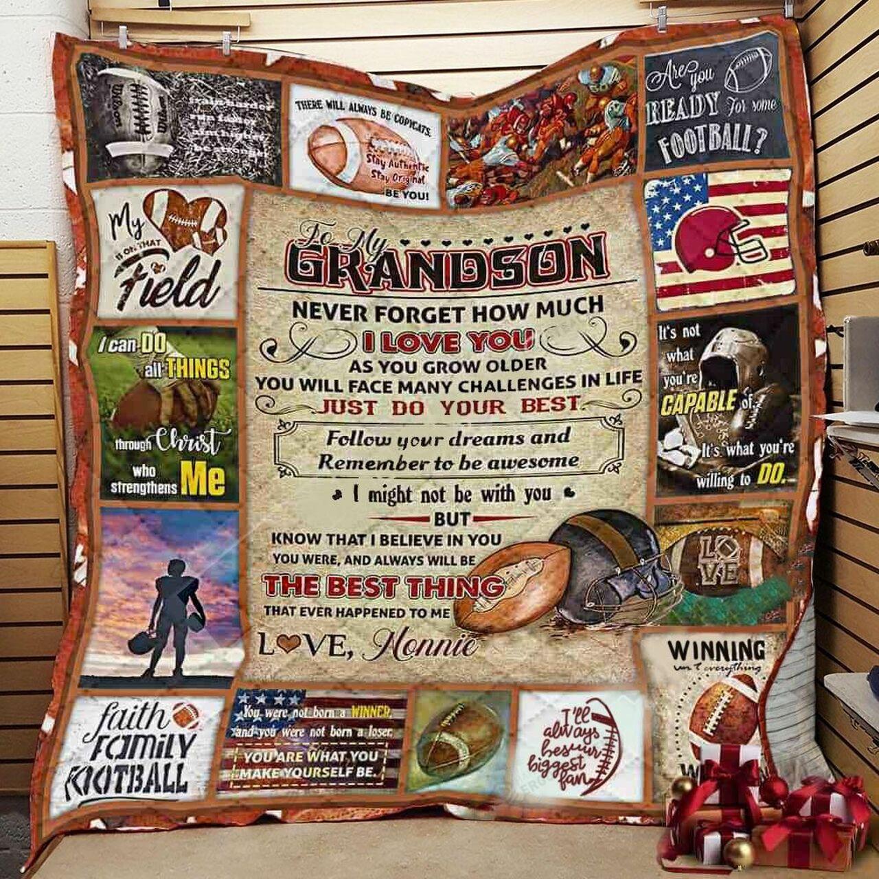 onalized American Football To My Gron From Grandma Never Forget How Much I Love You Quilt Blanket Greattomized G For Birthday C Thgiving