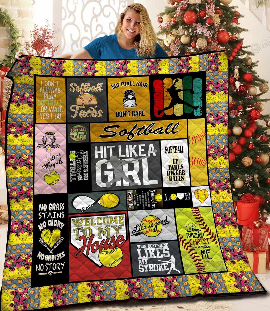 Softball Hit Like A Girl Quilt Blanket Greattomized Blanket G For Birthday C Thgiving