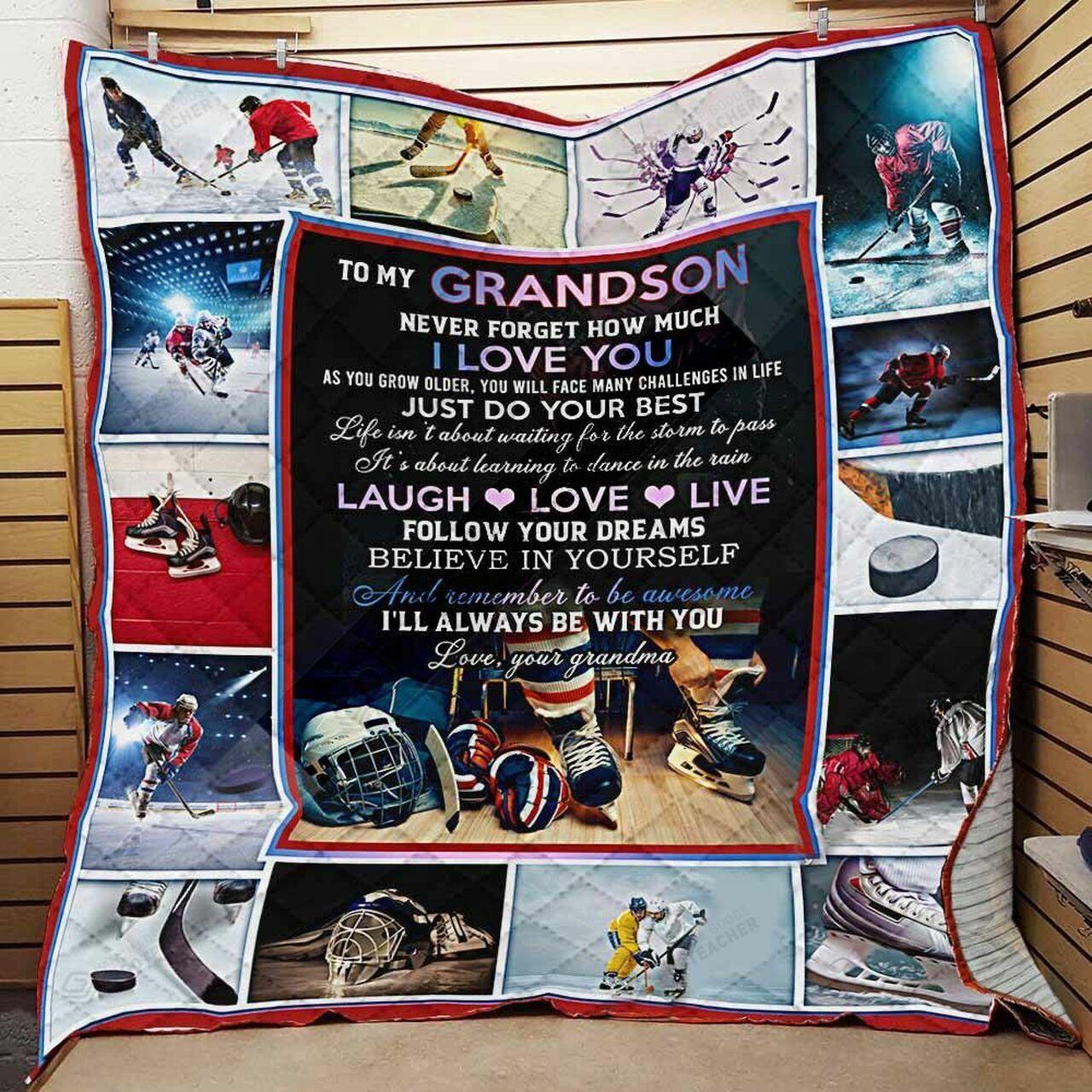 onalized Ice Hockey To My Gron From Grandma Never Forget How Much I Love You Quilt Blanket Greattomized G For Birthday C Thgiving