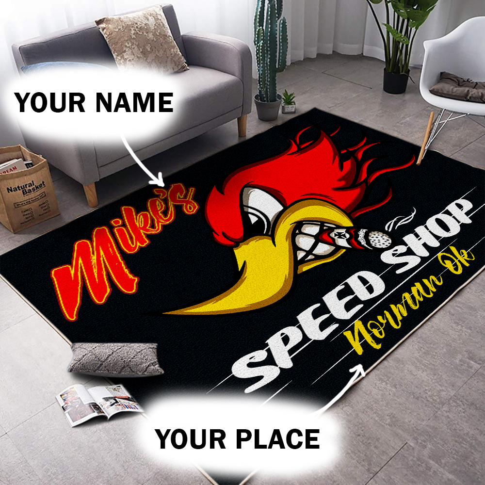 Personalized Speed Shop Hot Rod Woodpecker Area Rug
