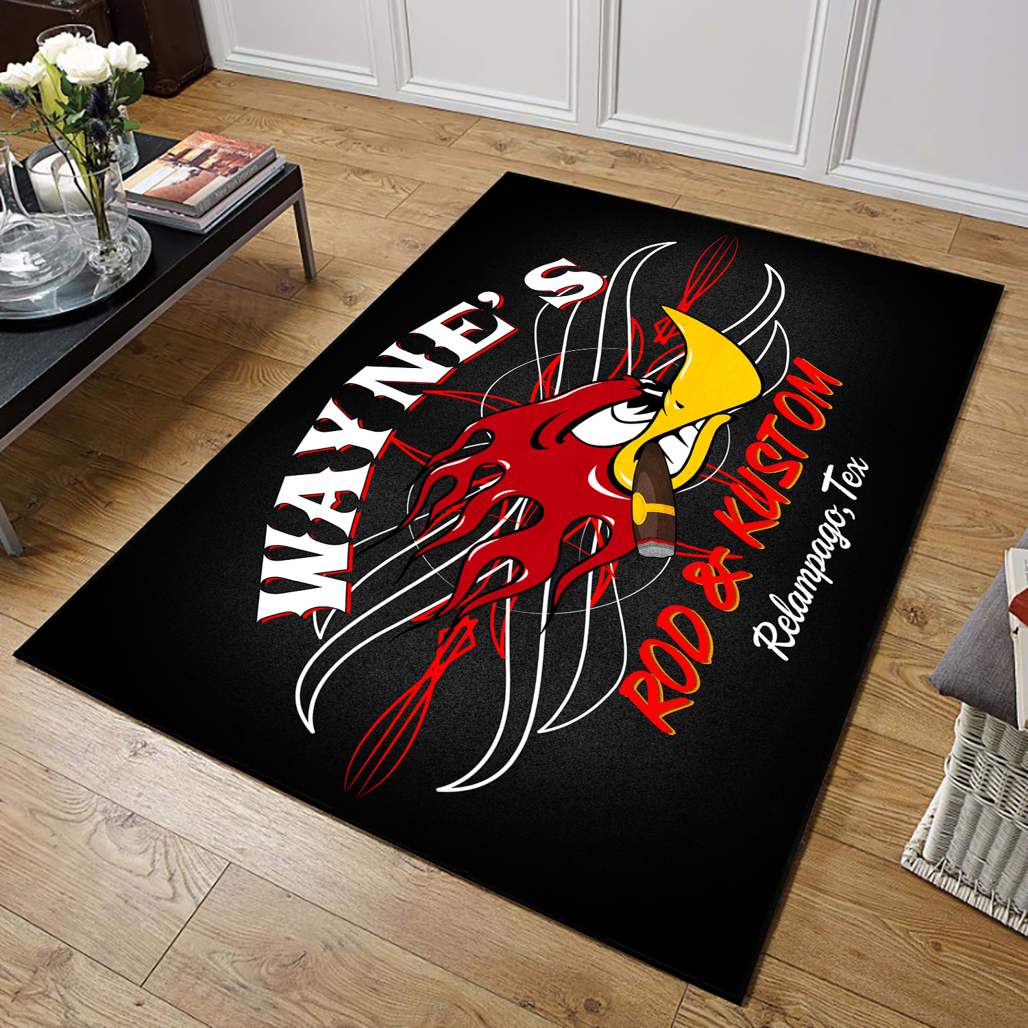 Personalized Devil Rod And Pinstripe Speed Shop Area Rug