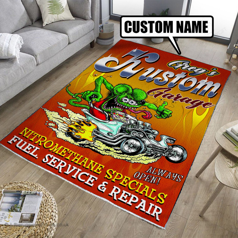 Personalized Kustom Rat Fink Hot Rod Garage Rug Hot Rod Rug For Garage