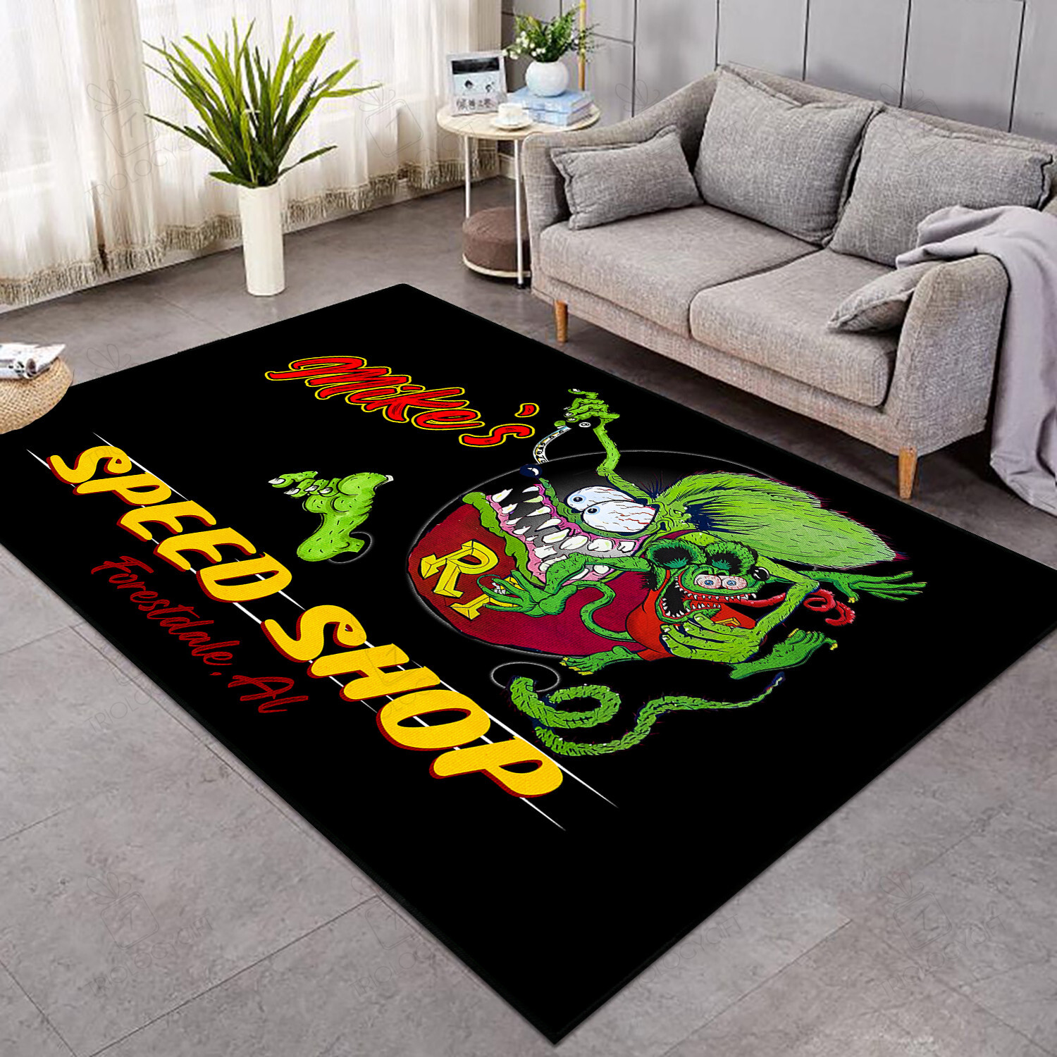 Personalized Rat Fink Hot Rod Customs Area Rug Hot Rod Rug For Garage