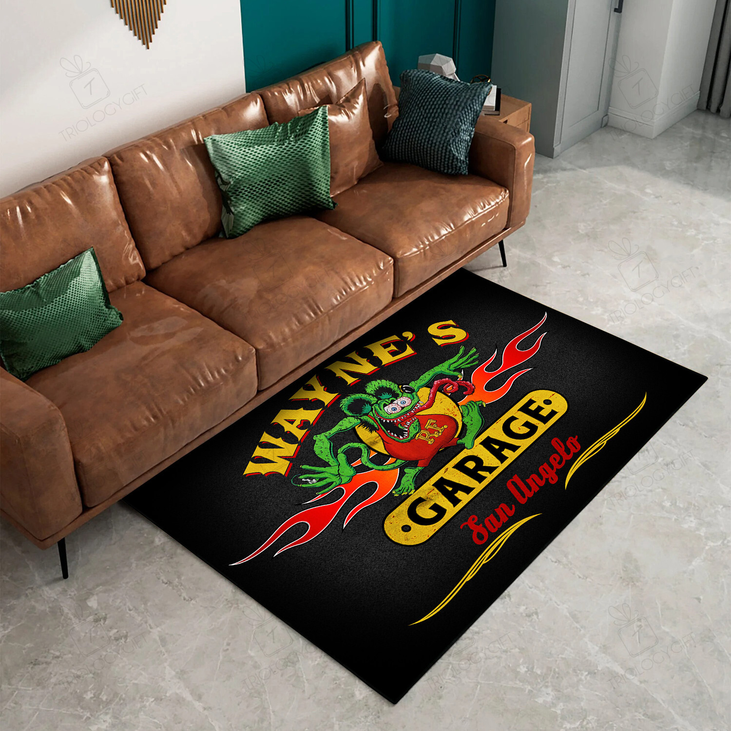 Personalized Rat Fink Fire Hot Rod Speed Shop Area Rug Hot Rod Rug For Garage