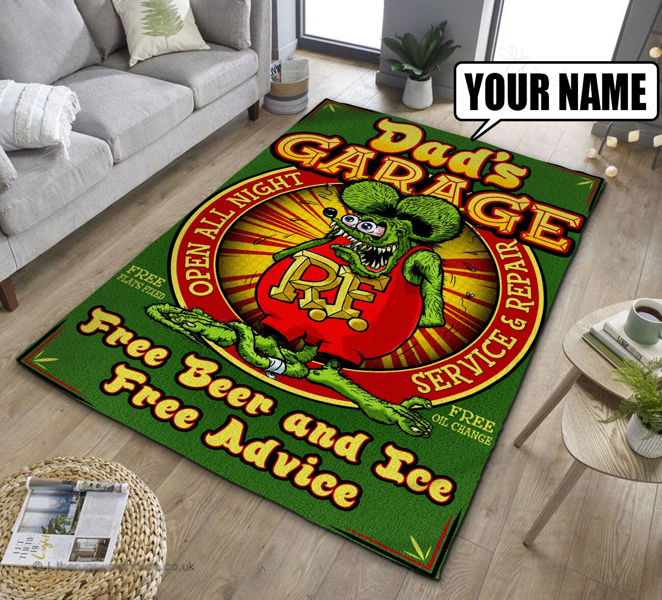 Personalized Garage Rat Fink Area Rug  Free Beer And Ice Free Advice Hot Rod Rug For Garage