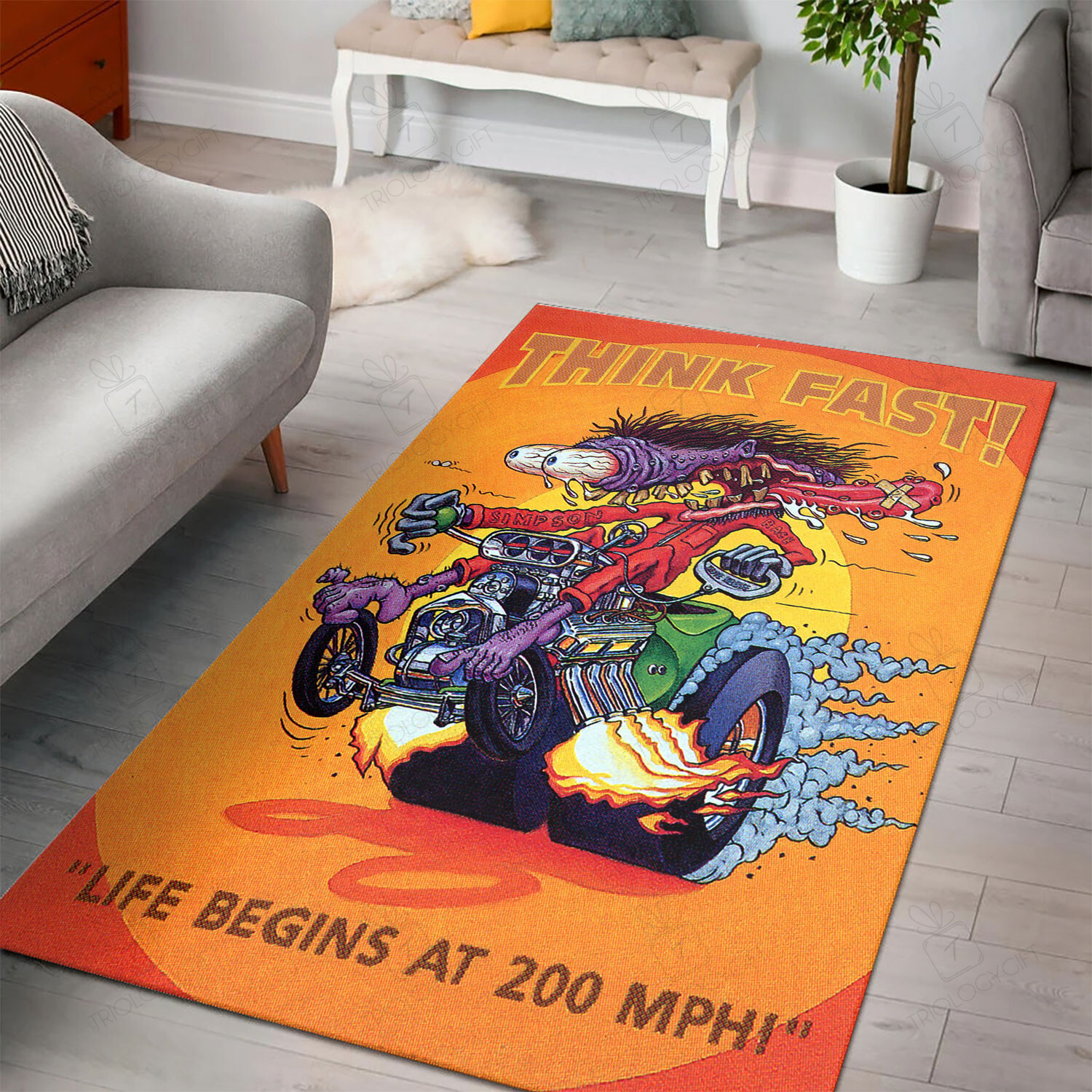 Rat Fink Think Fast Hot Rod Rug  Life Begins At 200 Mphi Hot Rod Rug For Garage