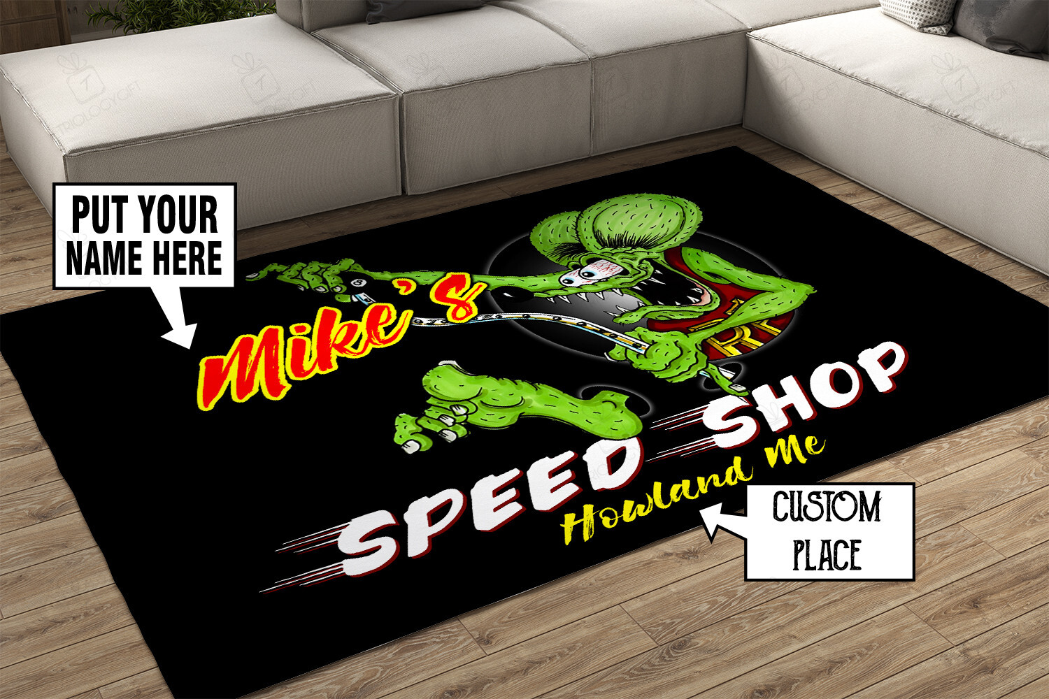 Personalized Speed Shop Rat Fink Area Rug Hot Rod Rug For Garage
