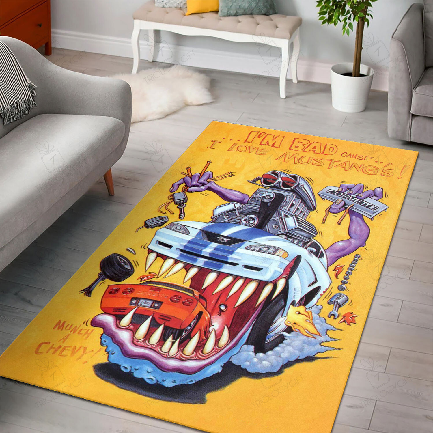 Rat Fink IM Bad Cause I Love MustangS Rug Hot Rod Rug For Garage