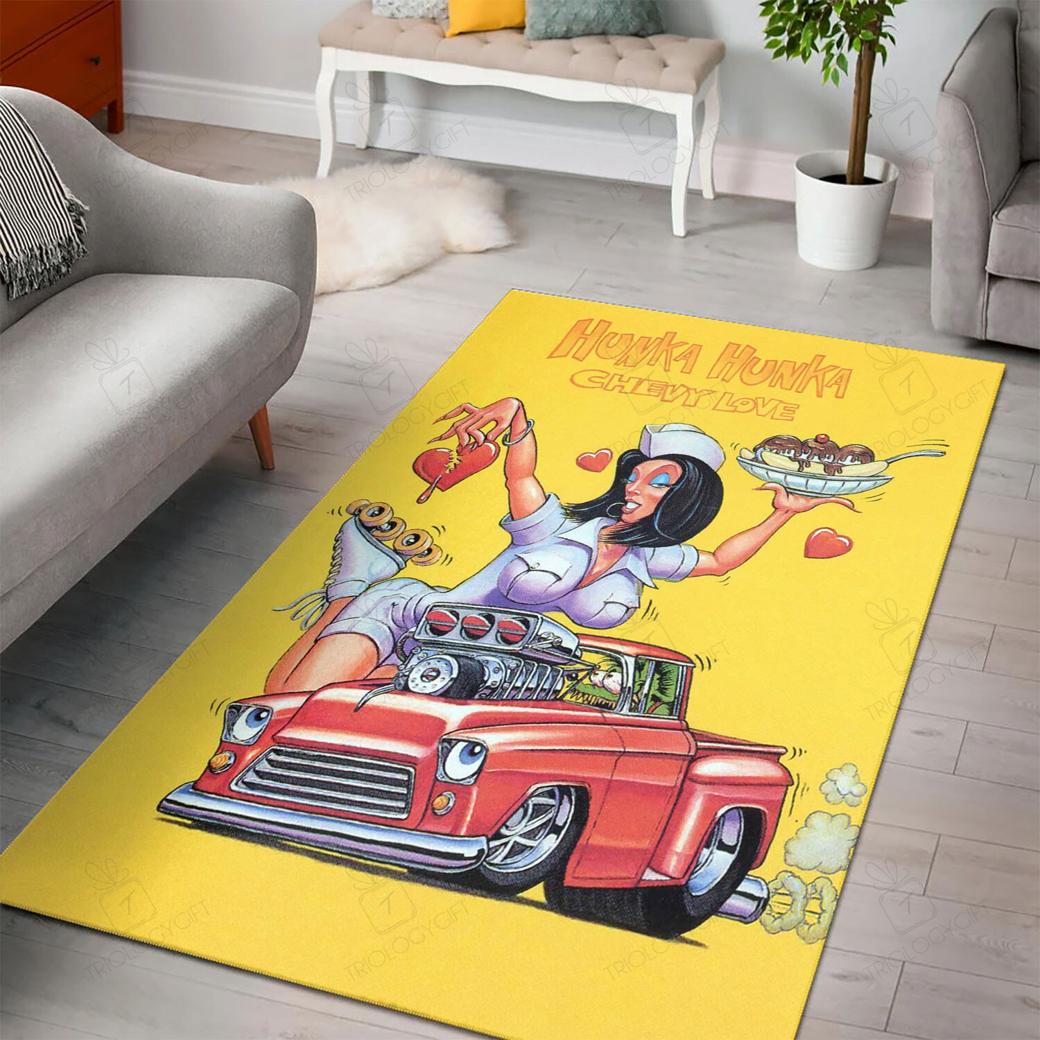 Rat Fink Hunka Kunka Chevy Love Rug Hot Rod Rug For Garage