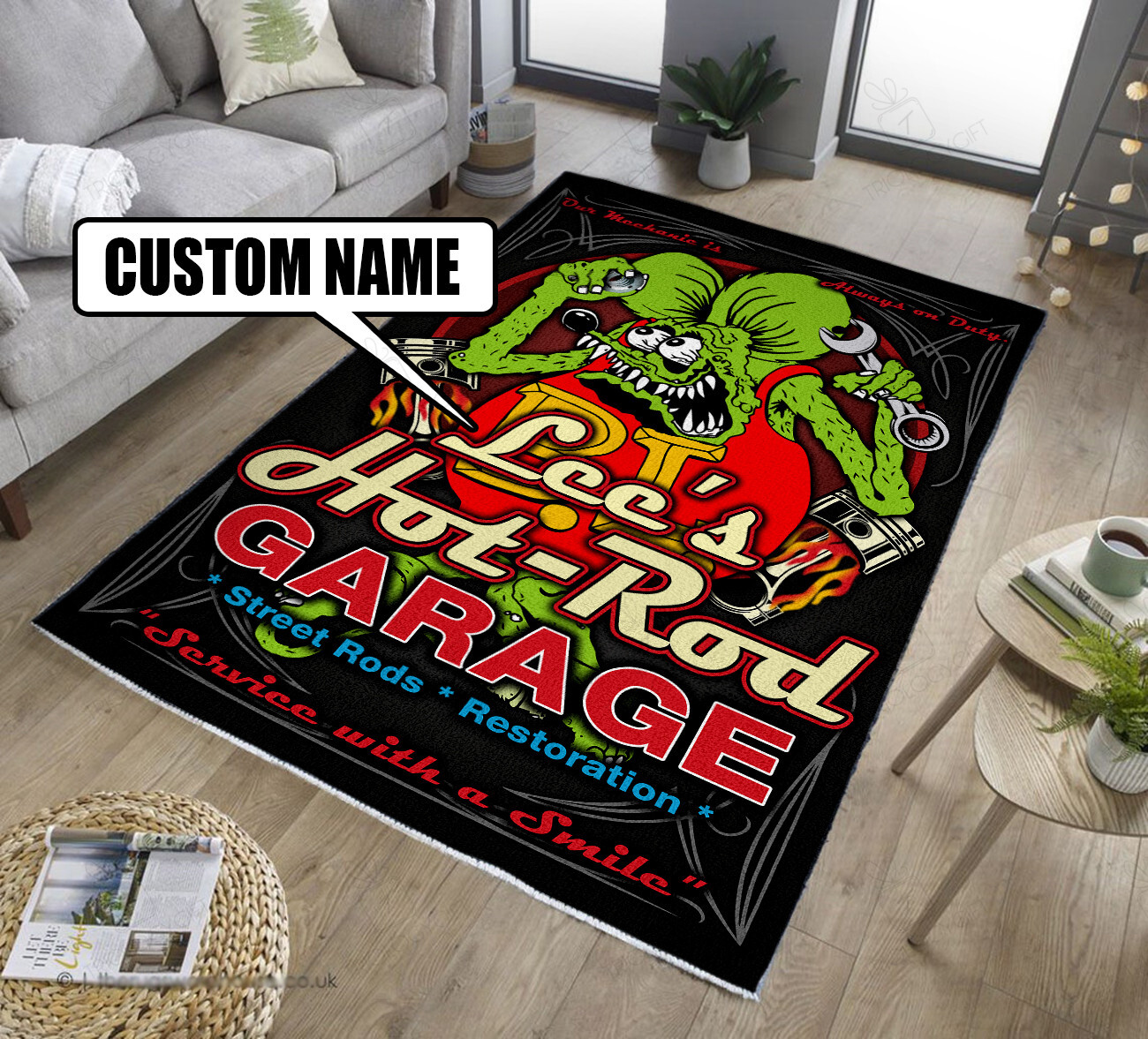 Rat Fink Personalized Hot Rod Area Rug Street Rods Restoration Hot Rod Rug For Garage