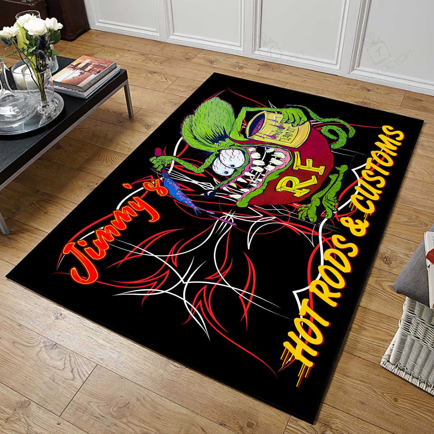 Personalized Rat Fink Pinstripe Hot Rod And Customs Area Rug Hot Rod Rug For Garage