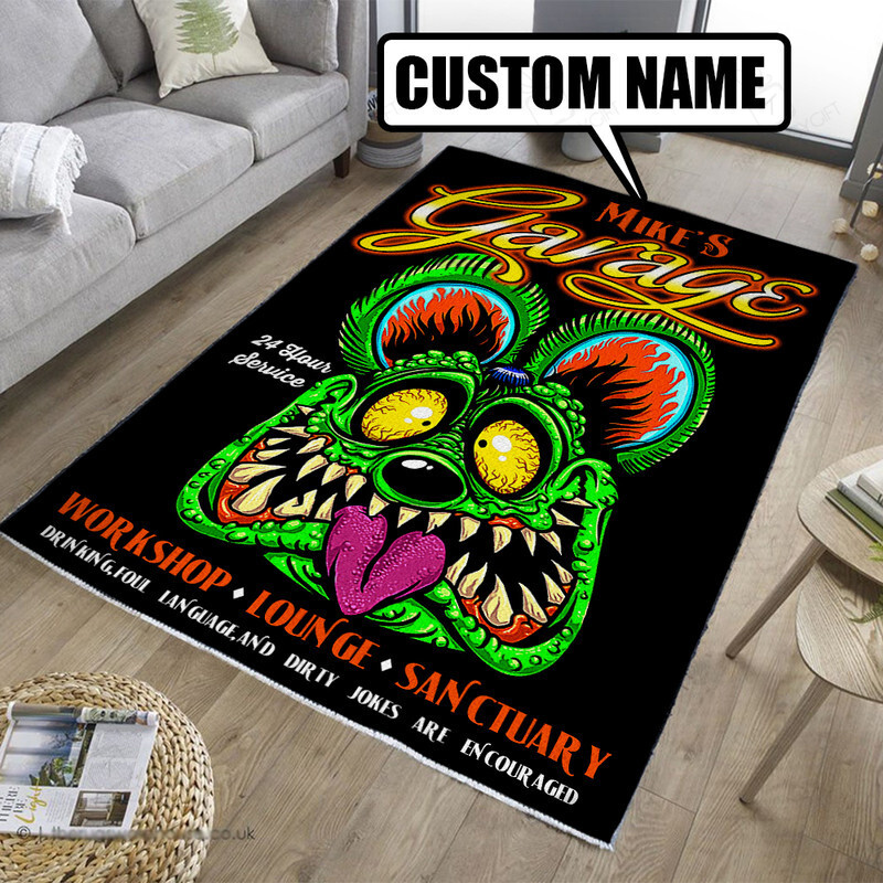 Personalized Rat Fink Hot Rod Garage 24 Hour Service Rug Hot Rod Rug For Garage