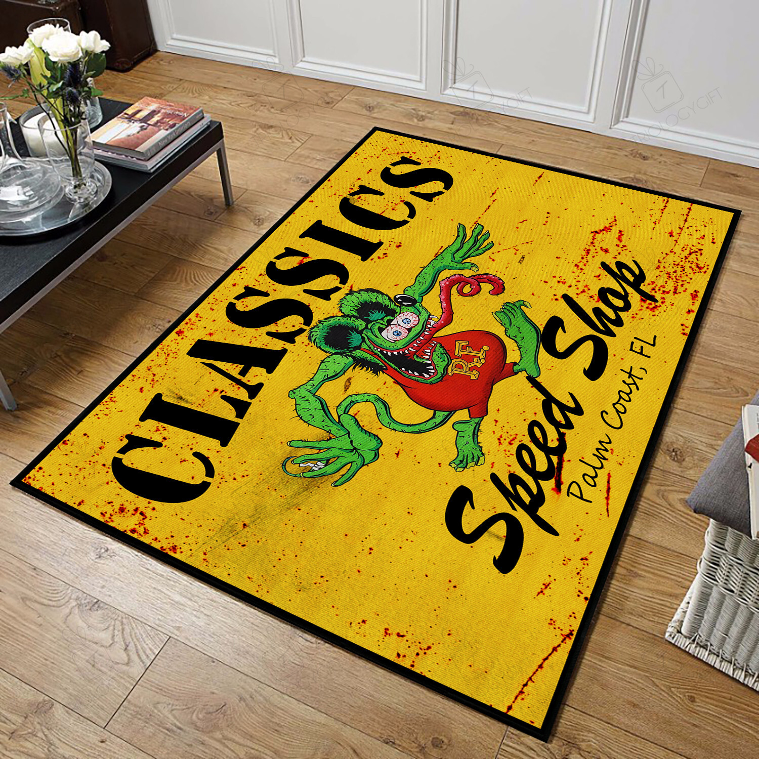 Personalized Rat Fink Classic Speed Shop Hot Rod Area Rug Hot Rod Rug For Garage