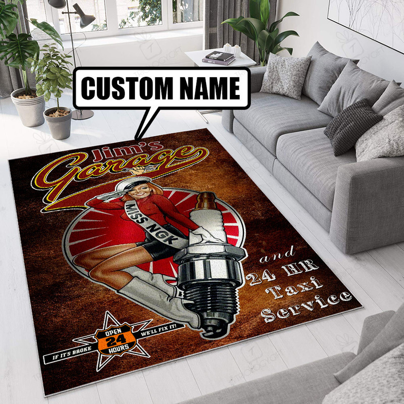 Personalized Name Garage Hot Rod Rug  Customizable Rug For Hot Rod Fans