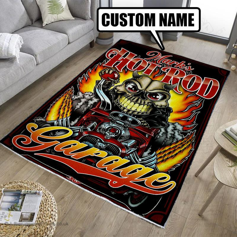 Personalized Skull Hot Rod Rug For Garage Decoration
