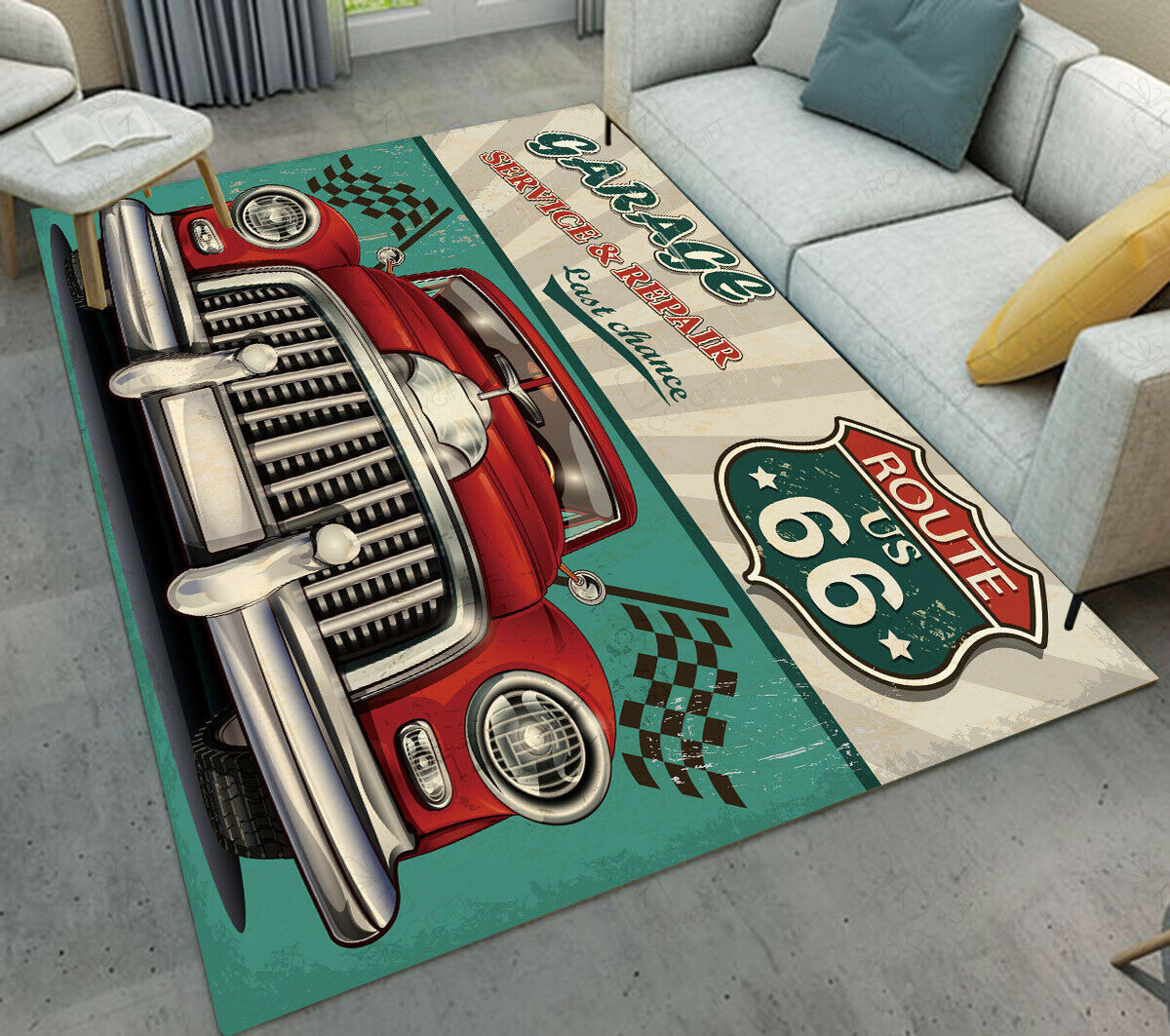 Hot Rod Garage Route Us 66 Car Area Rug For Home Decoration
