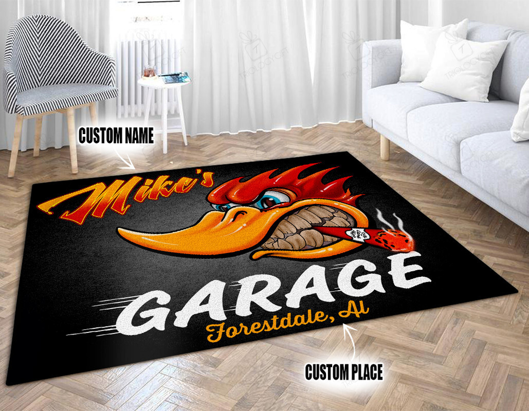 Personalized Hot Rod Garage Woodpecker Area Rug For Garage