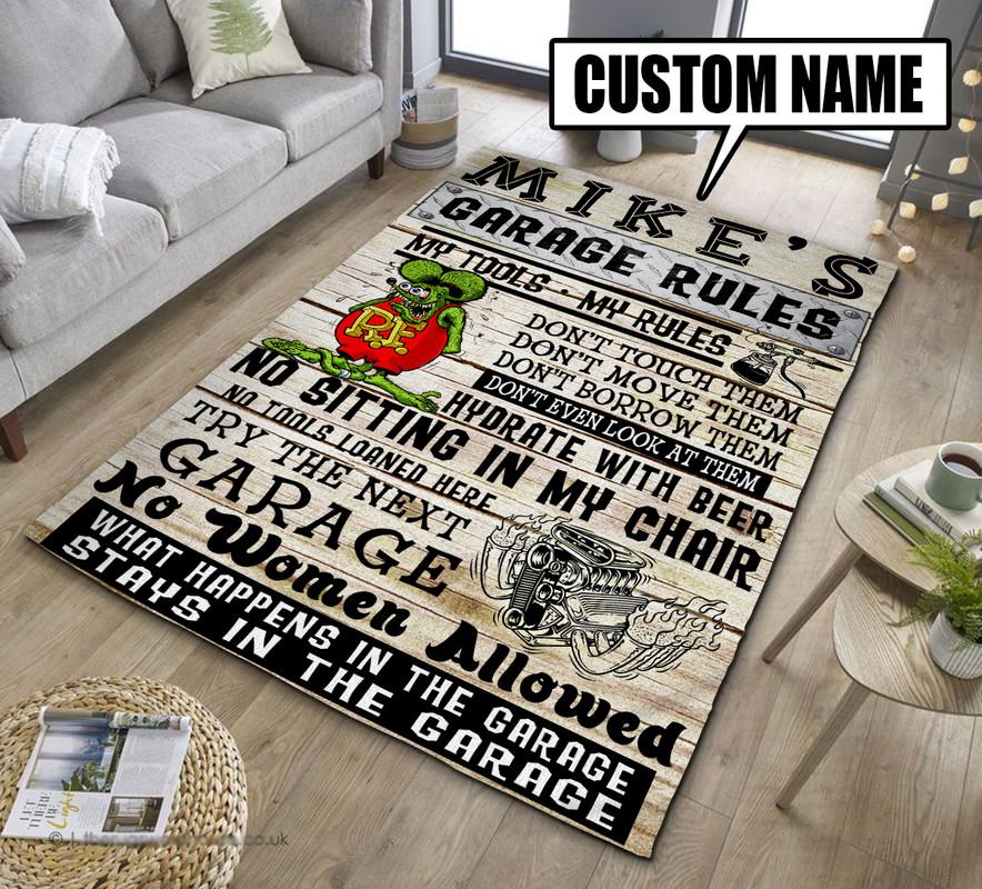 Personalized Name Garage Rules  Rat Fink Rug  Customize Your Space