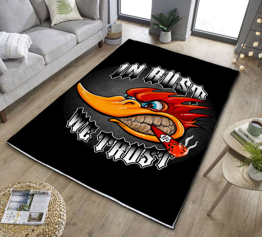 Personalized Rust We Trust Hot Rod Area Rug For Garage