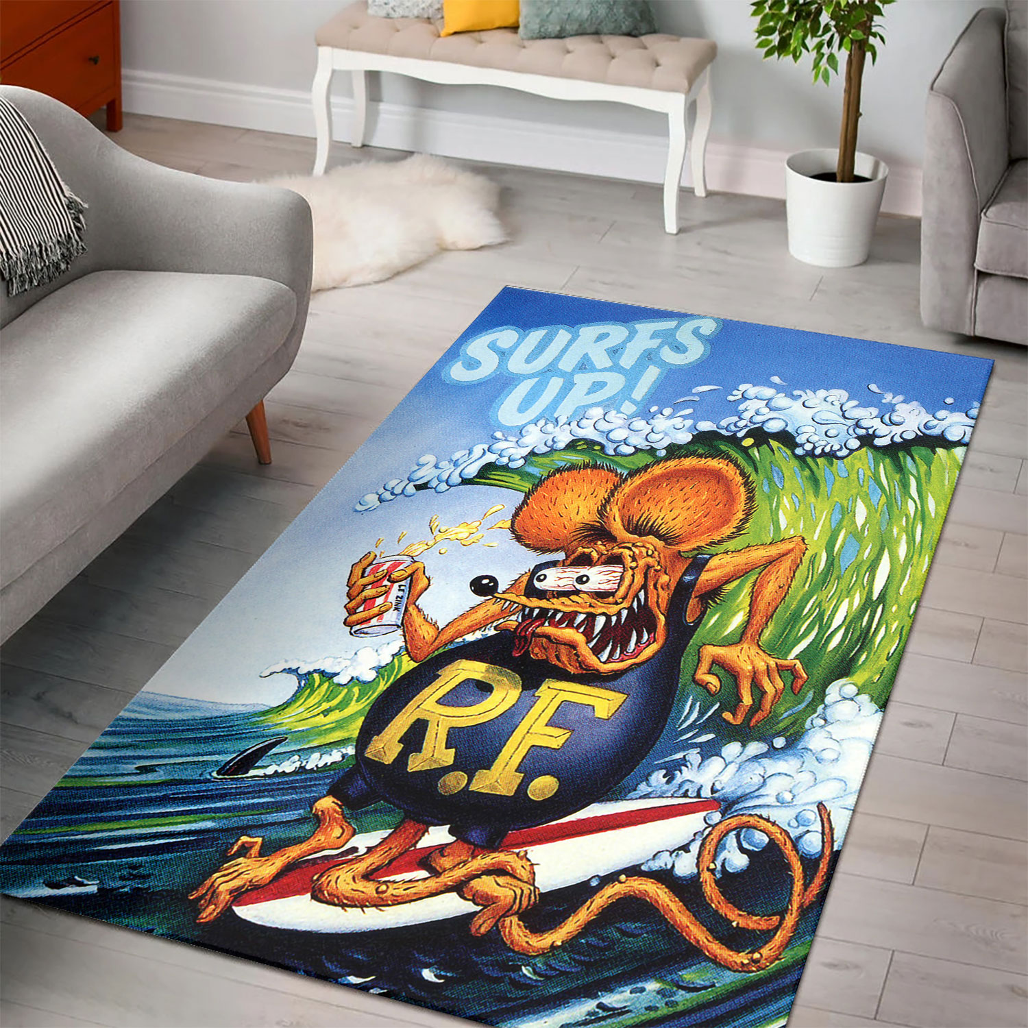 Surfs Up With Rat Fink  Area Rug For Beach And Surf Enthusiasts