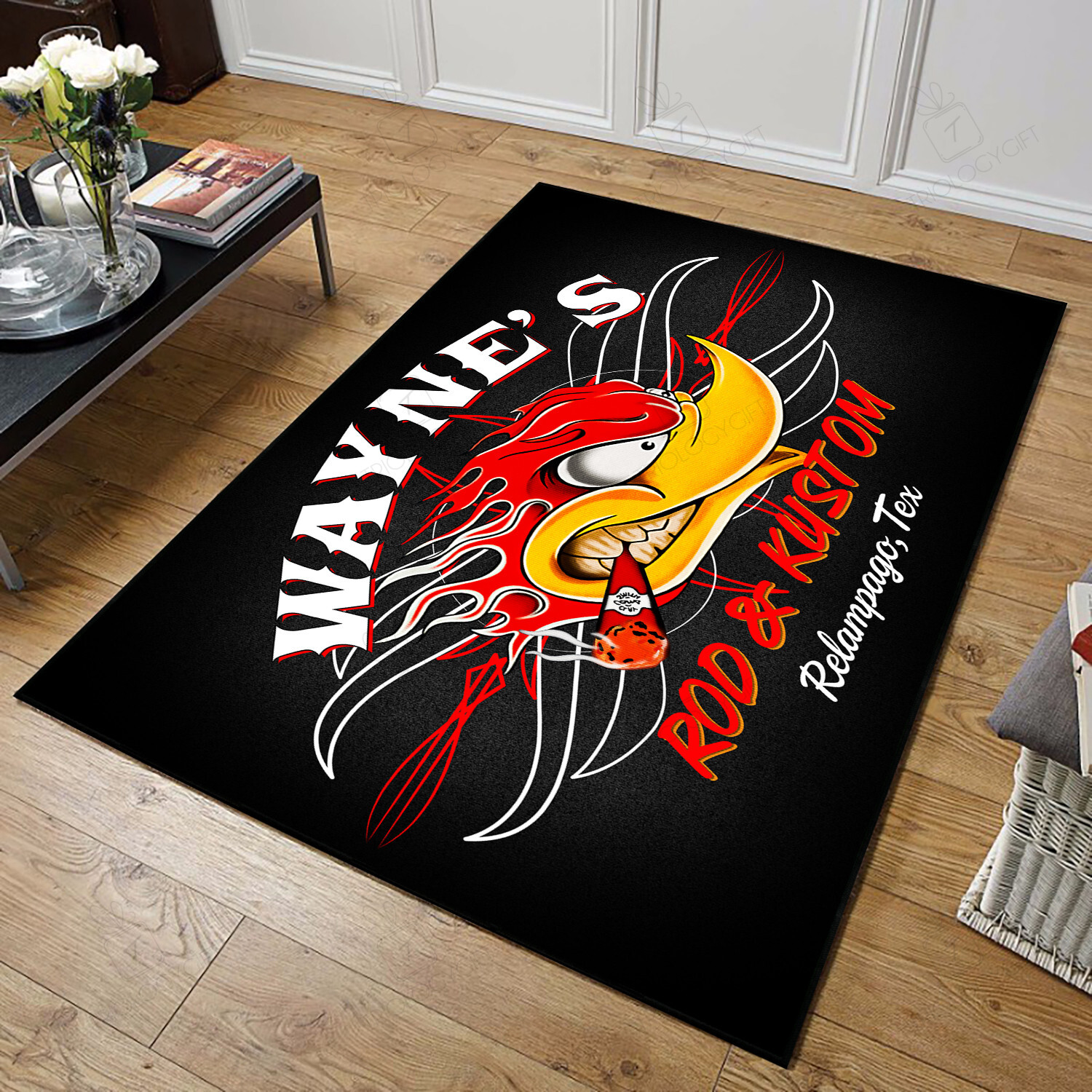 Personalized Mr. Horsepower Pinstripe Speed Shop Area Rug For Hot Rod Lovers