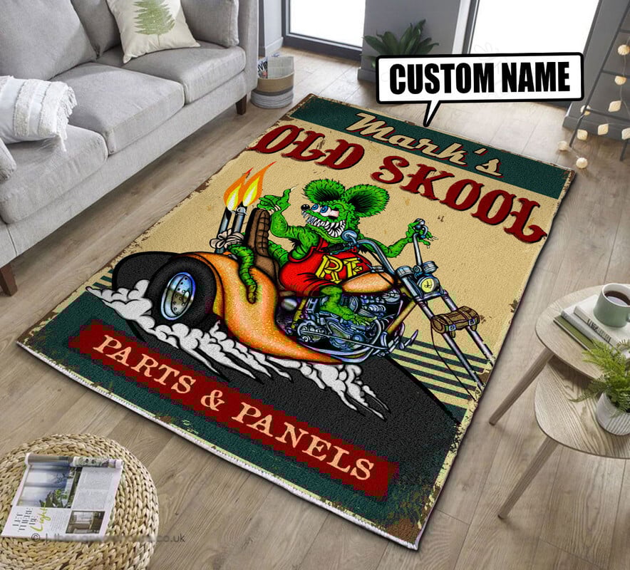 Personalized Rat Fink Hot Rod Parts And Panels Area Rug  Perfect For Garage Decor