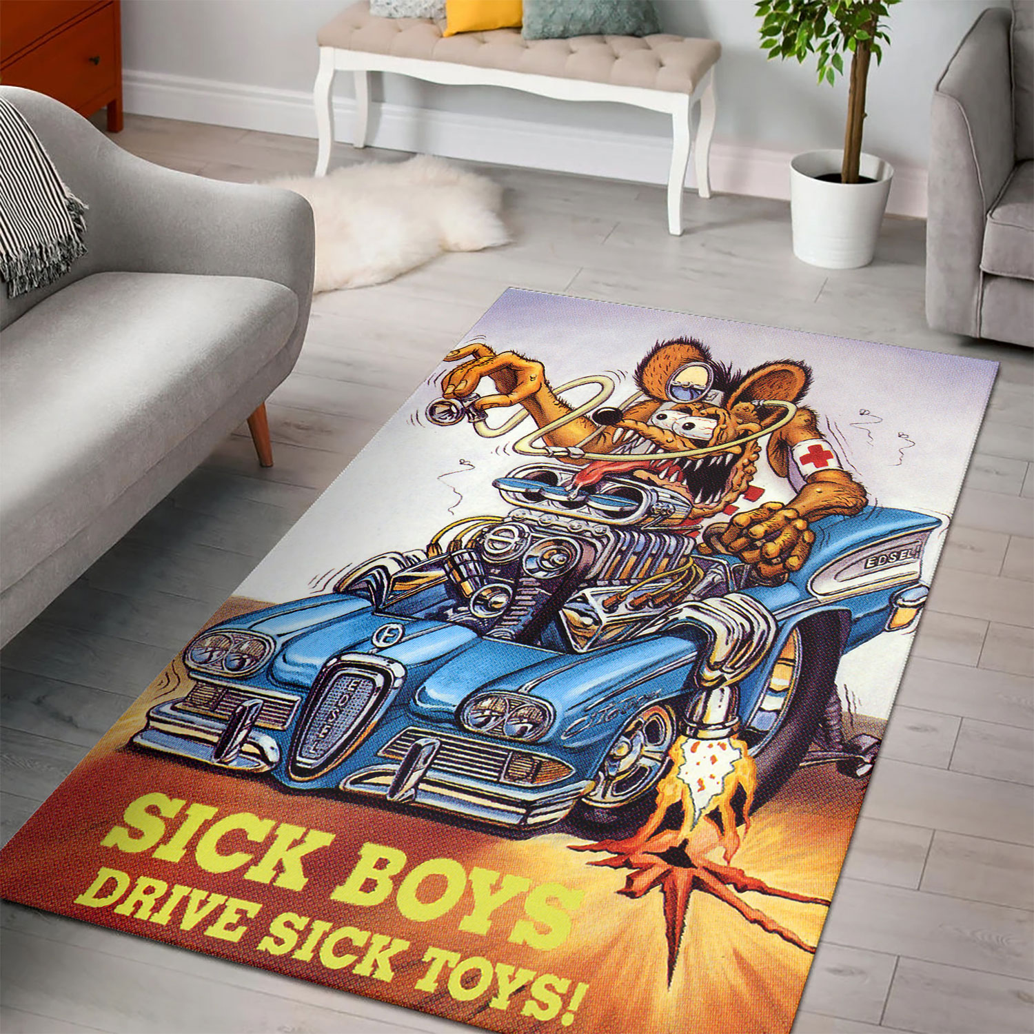 Sick Boys Drive Sick Toys  Rat Fink Rug For The Ultimate Garage Decor