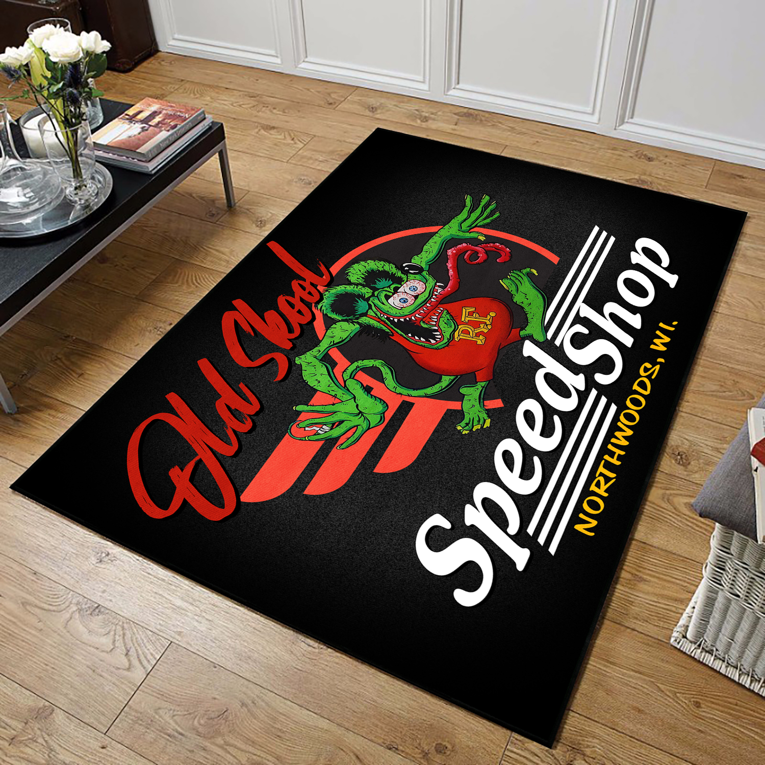 Personalized Hot Rod Speed Shop Area Rug  Featuring Rat Fink