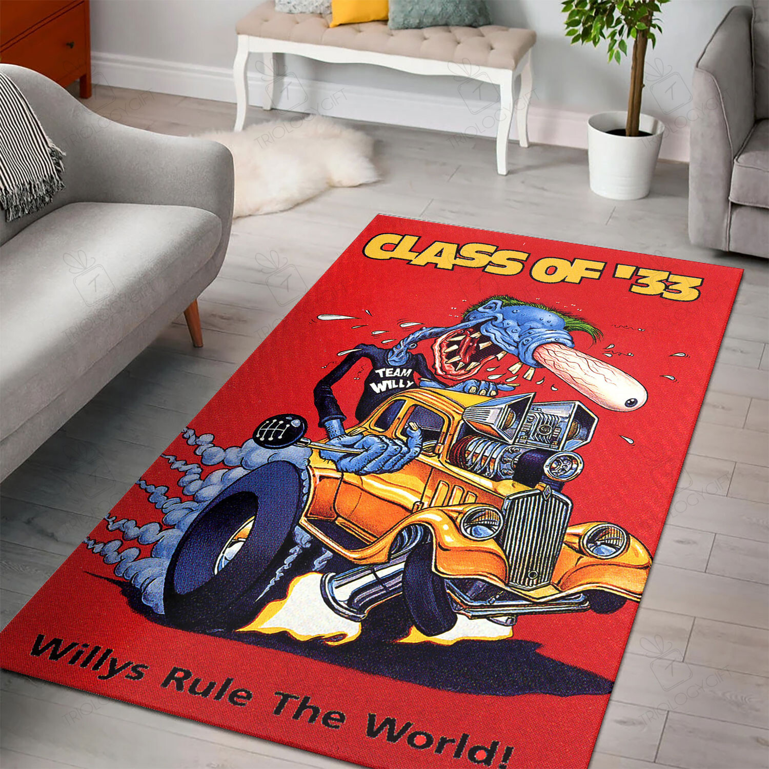 Rat Fink 33 Willys Rule The World Rug Hot Rod Rug For Garage